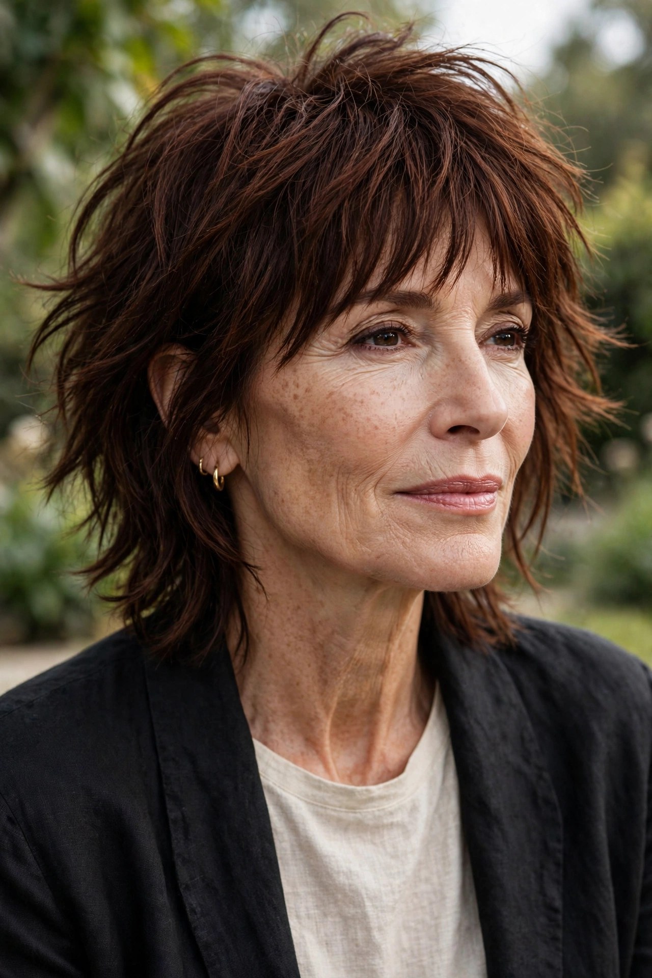 Shaggy bixie with feathered bangs on a woman in her 60s