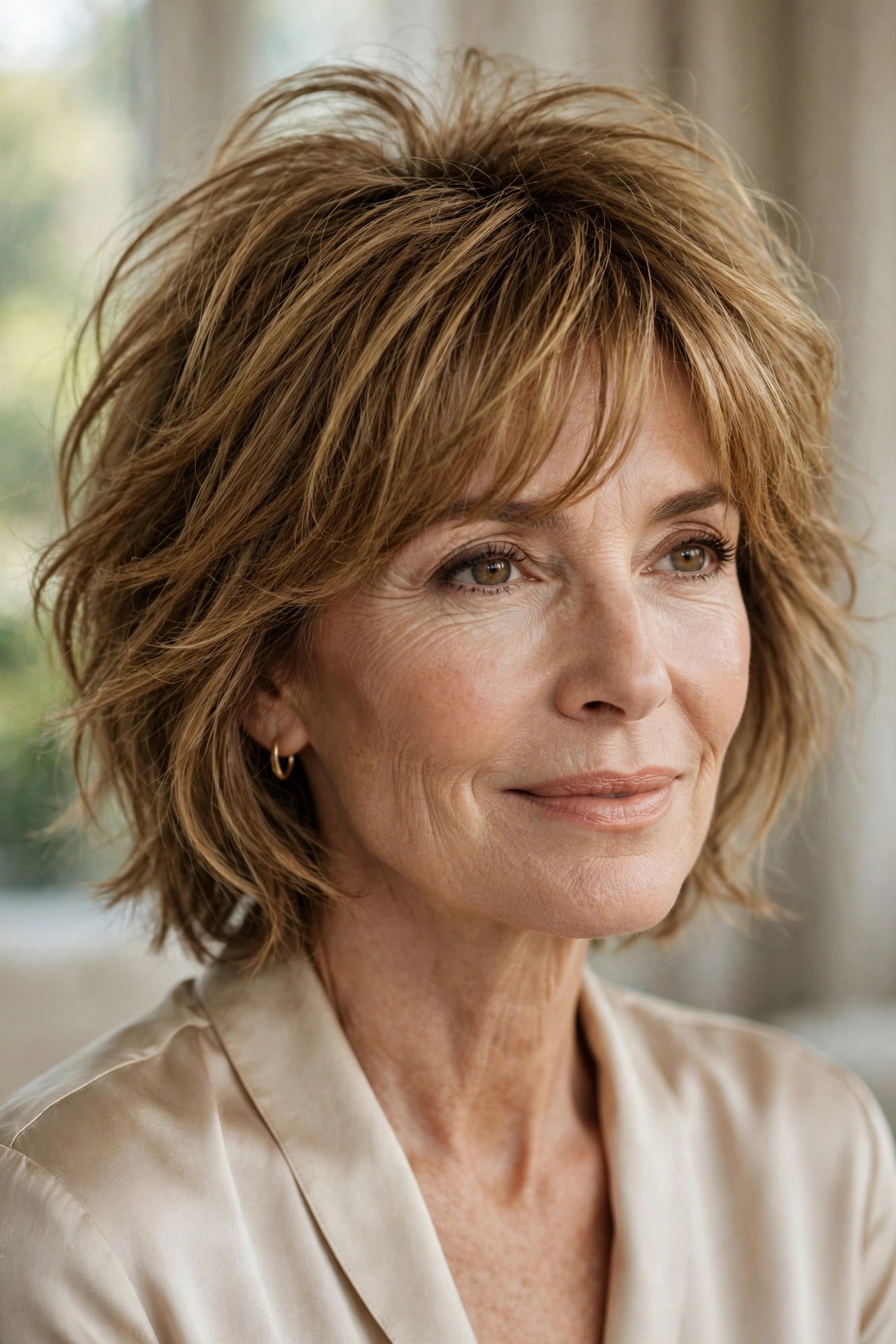 Soft messy bob shag with lifted crown on a woman in her 60s