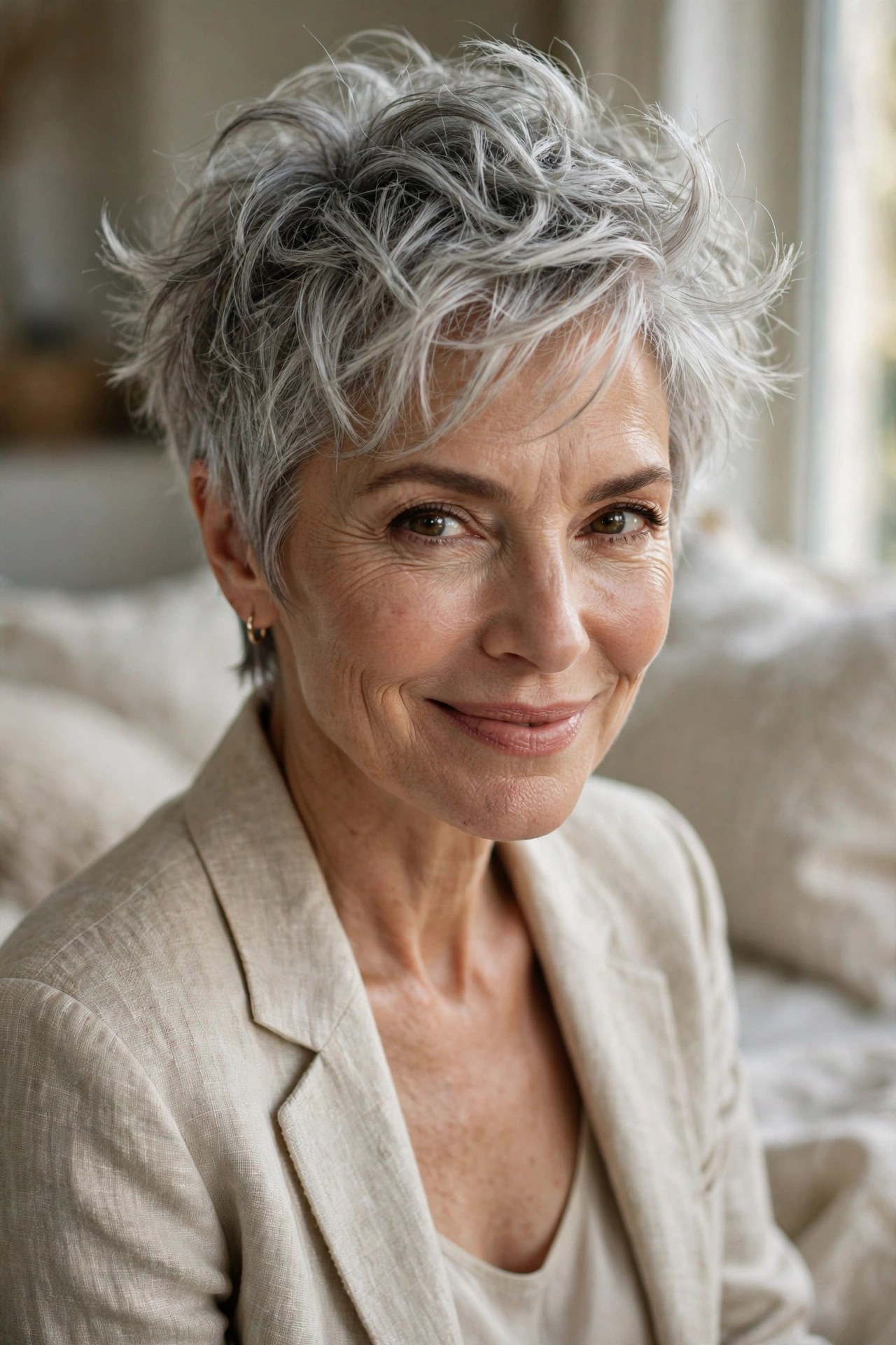 Bedhead pixie with tousled texture on a woman in her 60s