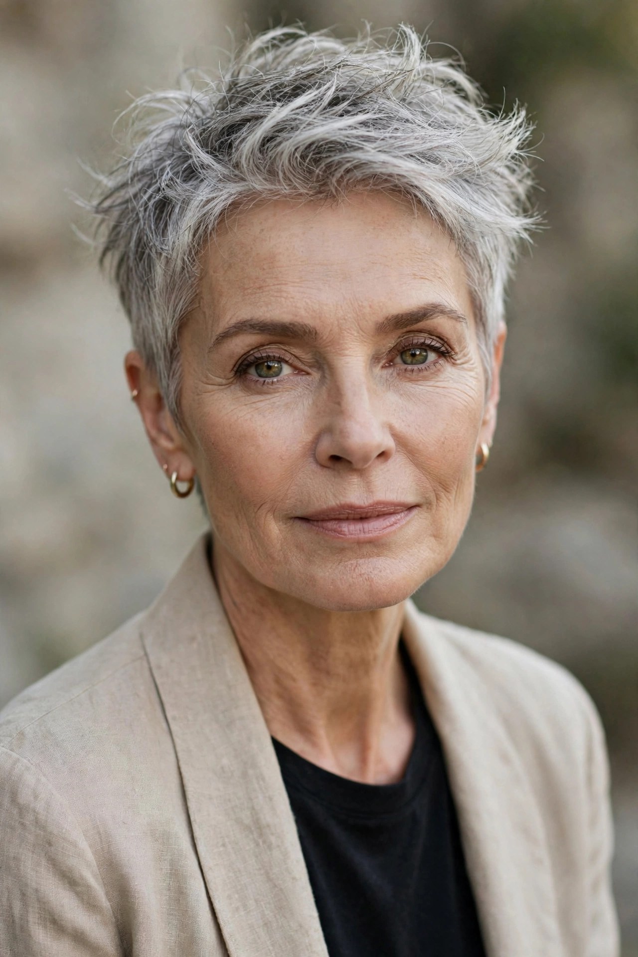Tousled short crop with textured top on a woman in her 60s