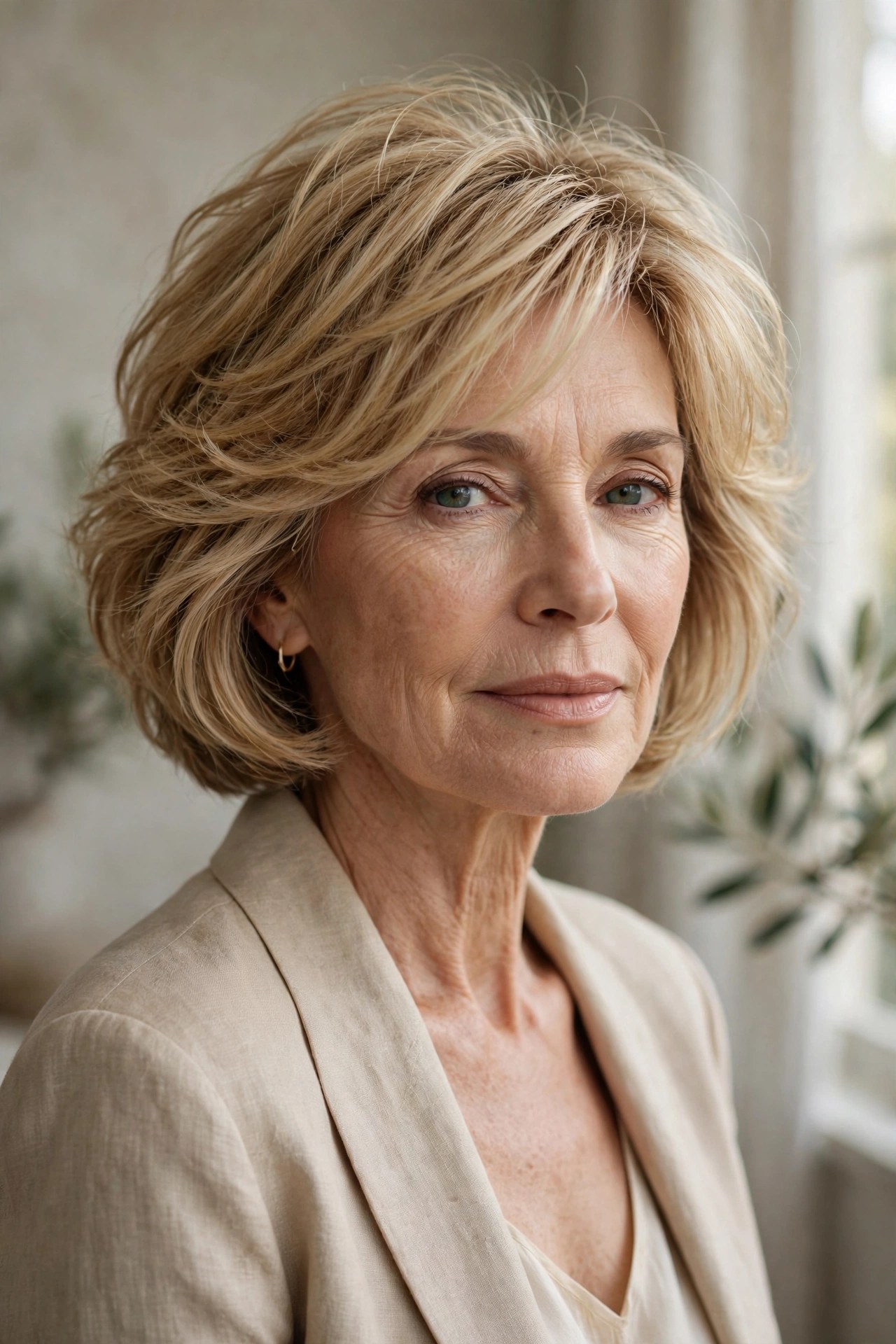 Tousled tiered bob with soft graduation on a woman in her 60s