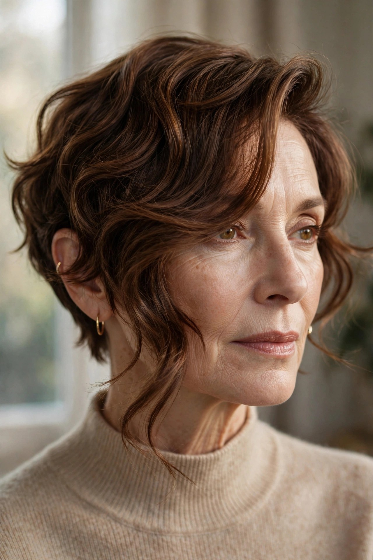 Wavy bixie with long sweeping fringe on a woman in her 60s