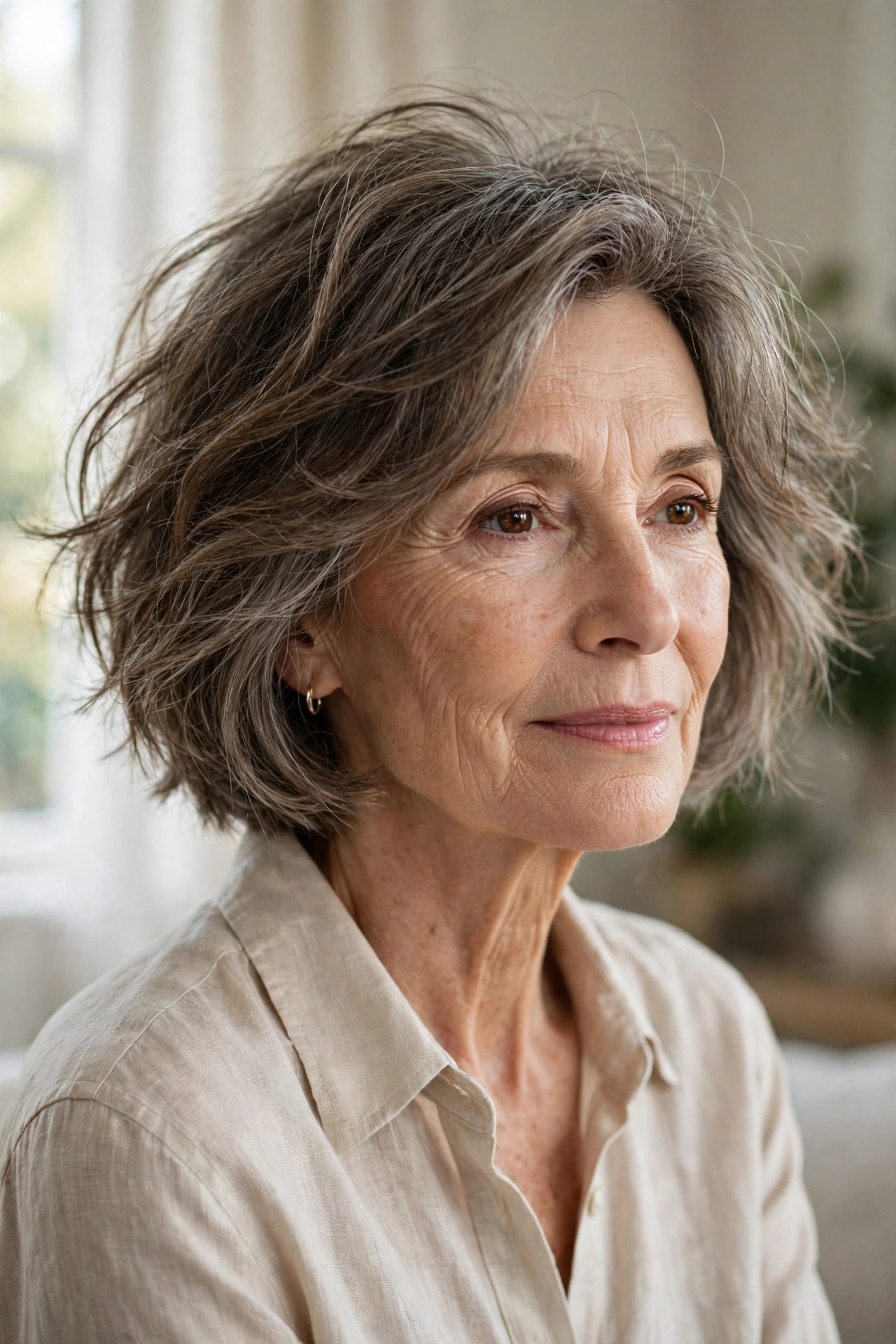 Shake-and-go tousled bob on a woman in her 60s
