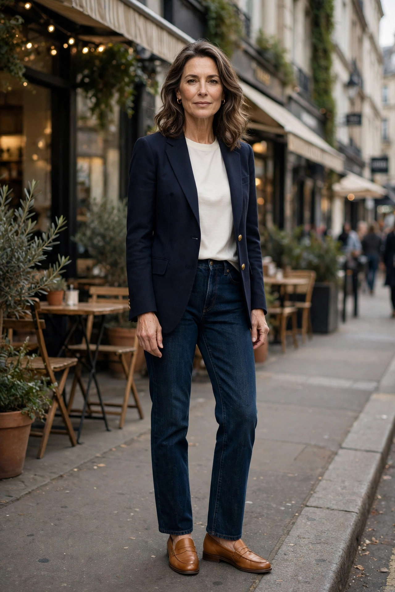 Woman over 50 wearing navy blazer with dark straight-leg jeans and tan loafers