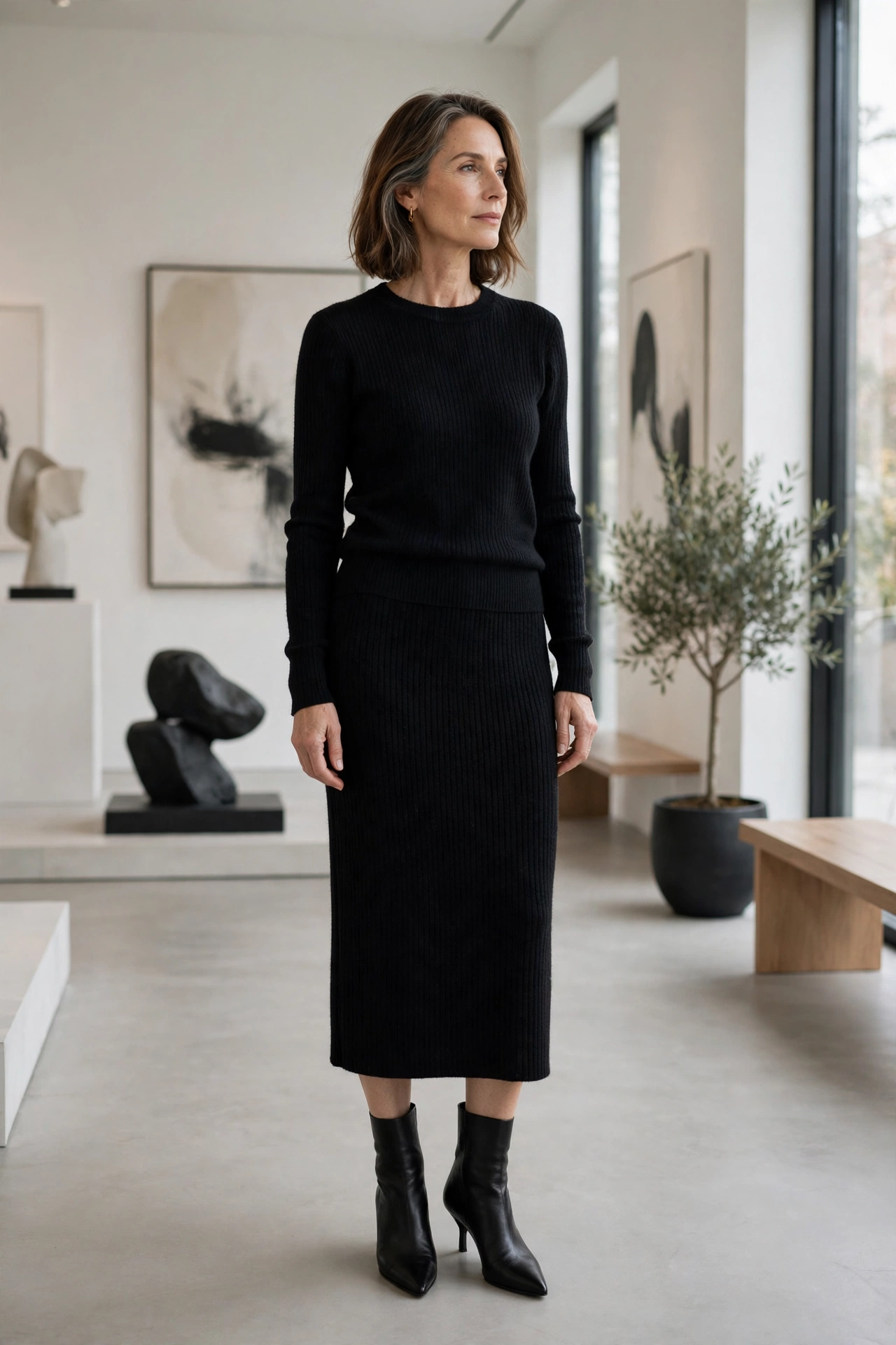 Woman over 50 in all-black knit outfit with midi skirt and ankle boots
