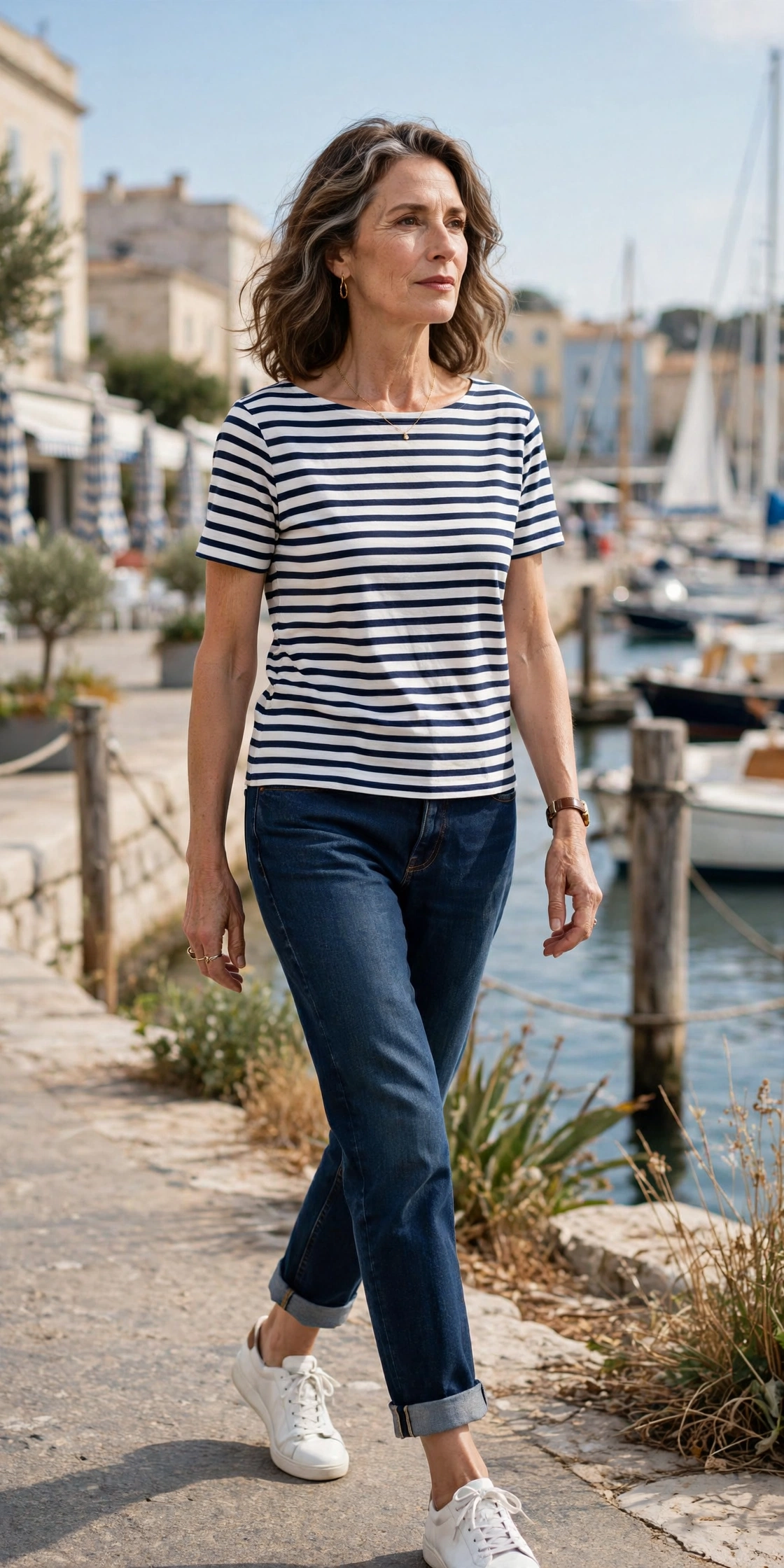 Woman over 50 wearing Breton striped top with indigo jeans and white sneakers