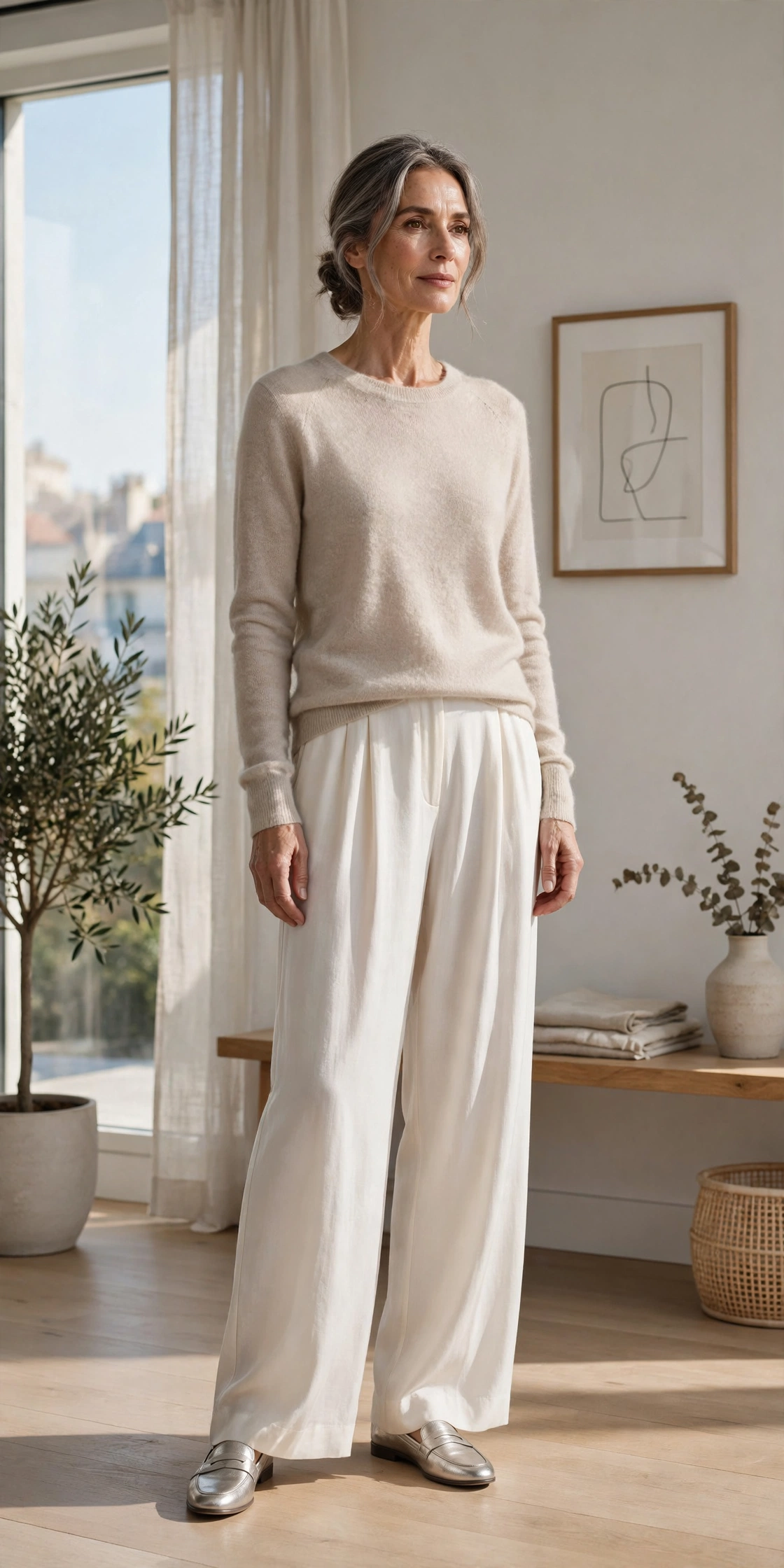 Woman over 50 in cashmere crewneck sweater with ivory wide-leg trousers