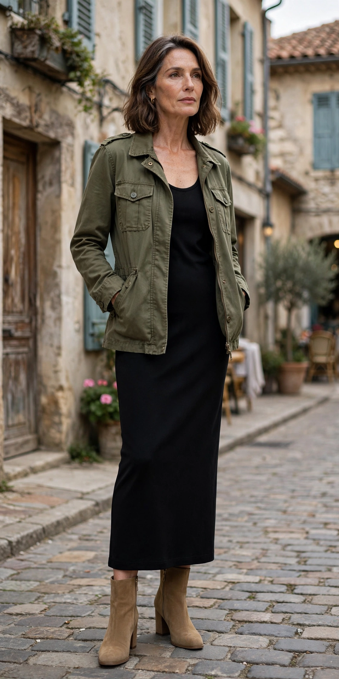Woman over 50 wearing olive utility jacket over black jersey dress and ankle boots