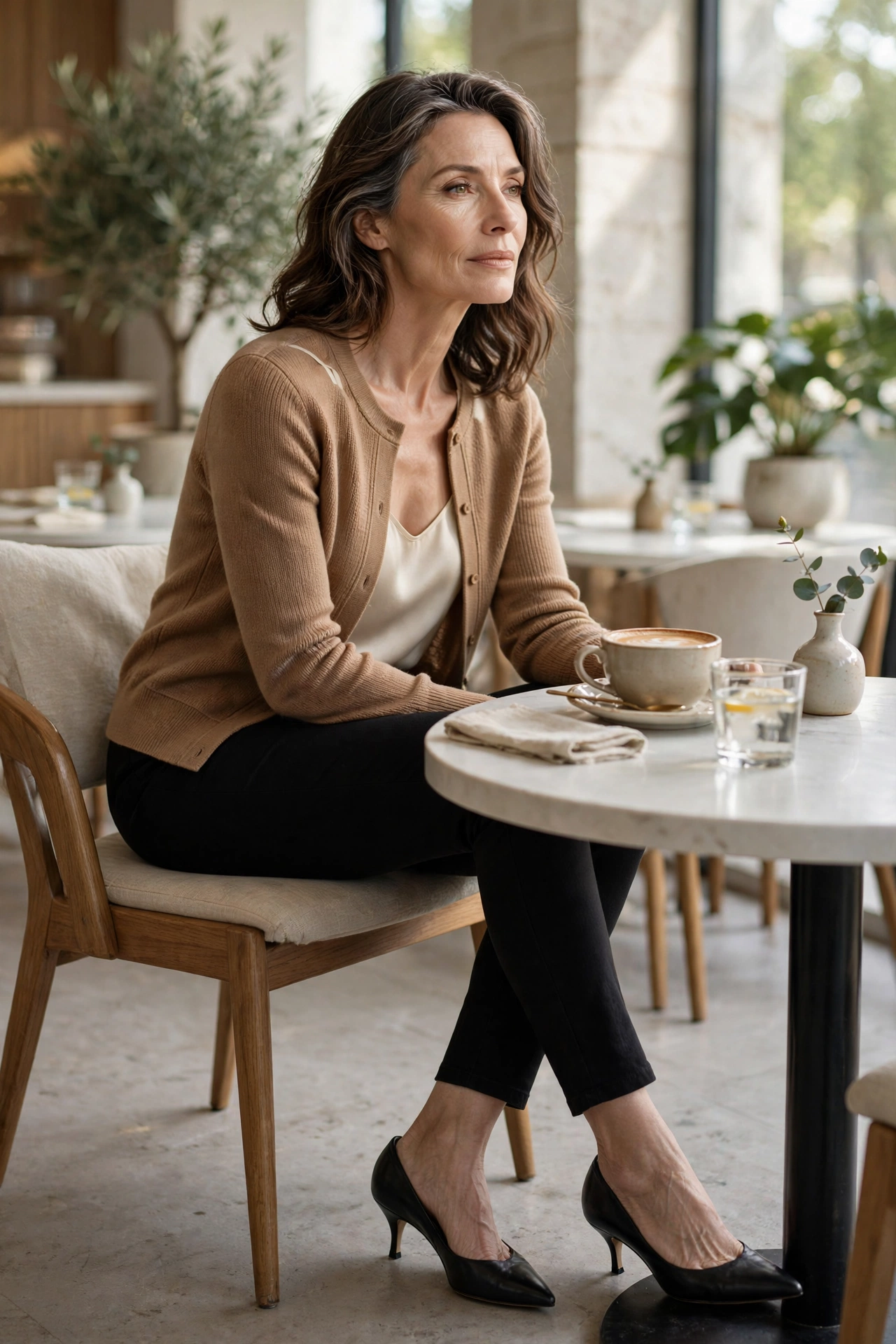 Woman over 50 in silk camisole with structured cardigan and slim ankle pants