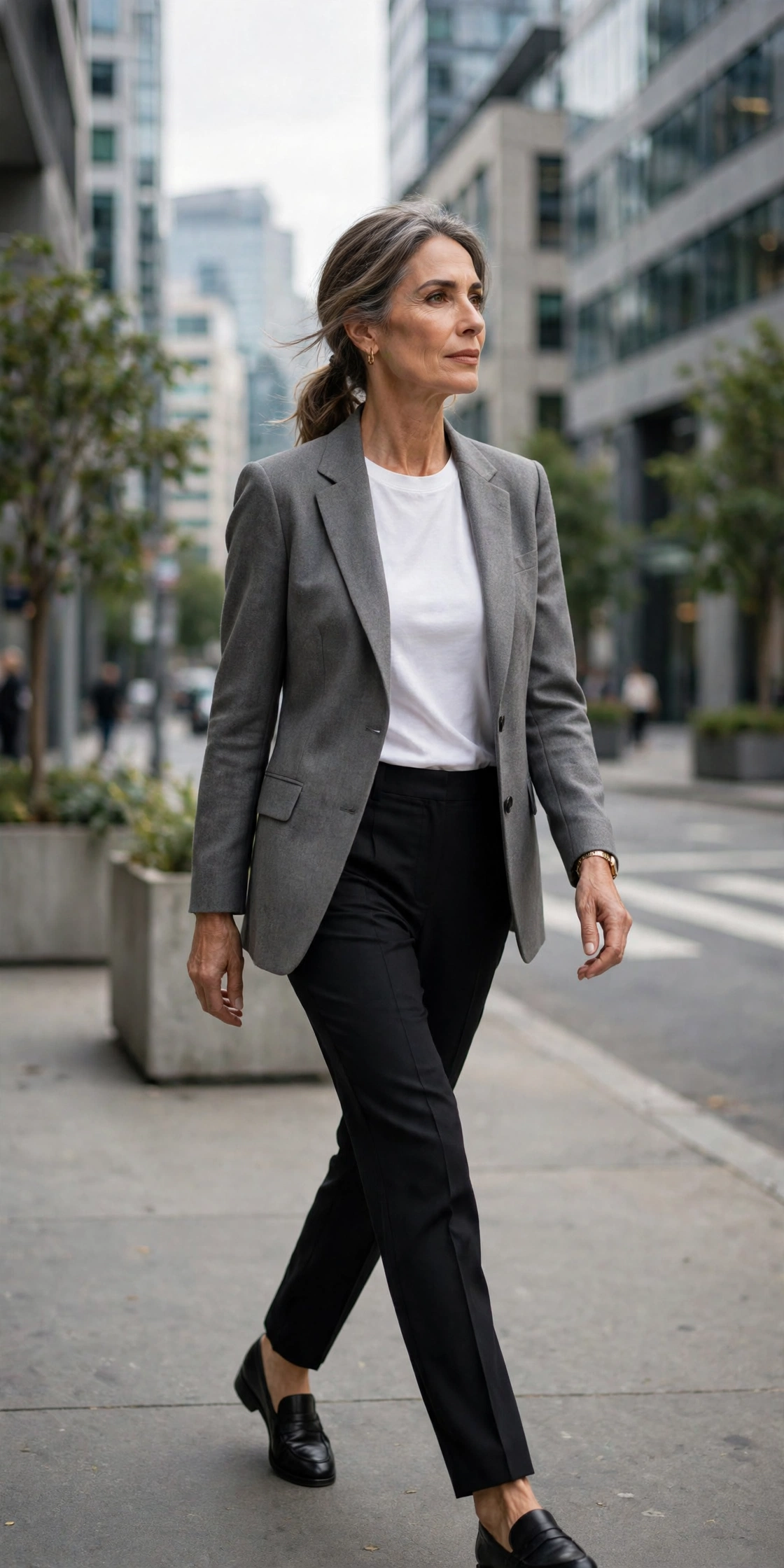 Woman over 50 wearing grey blazer with white tee and black cigarette pants