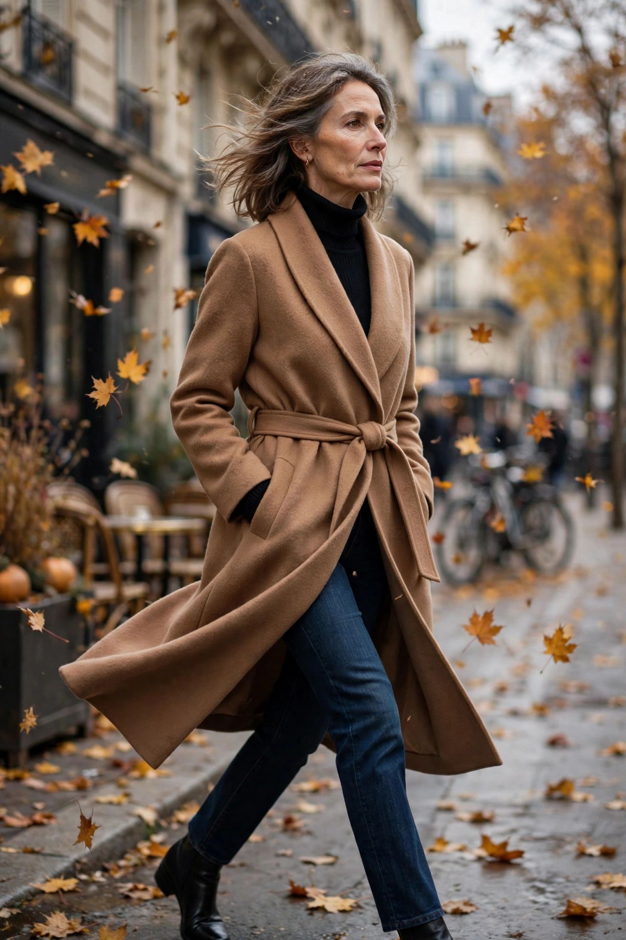 Woman over 50 in camel wrap coat with black roll-neck and dark denim