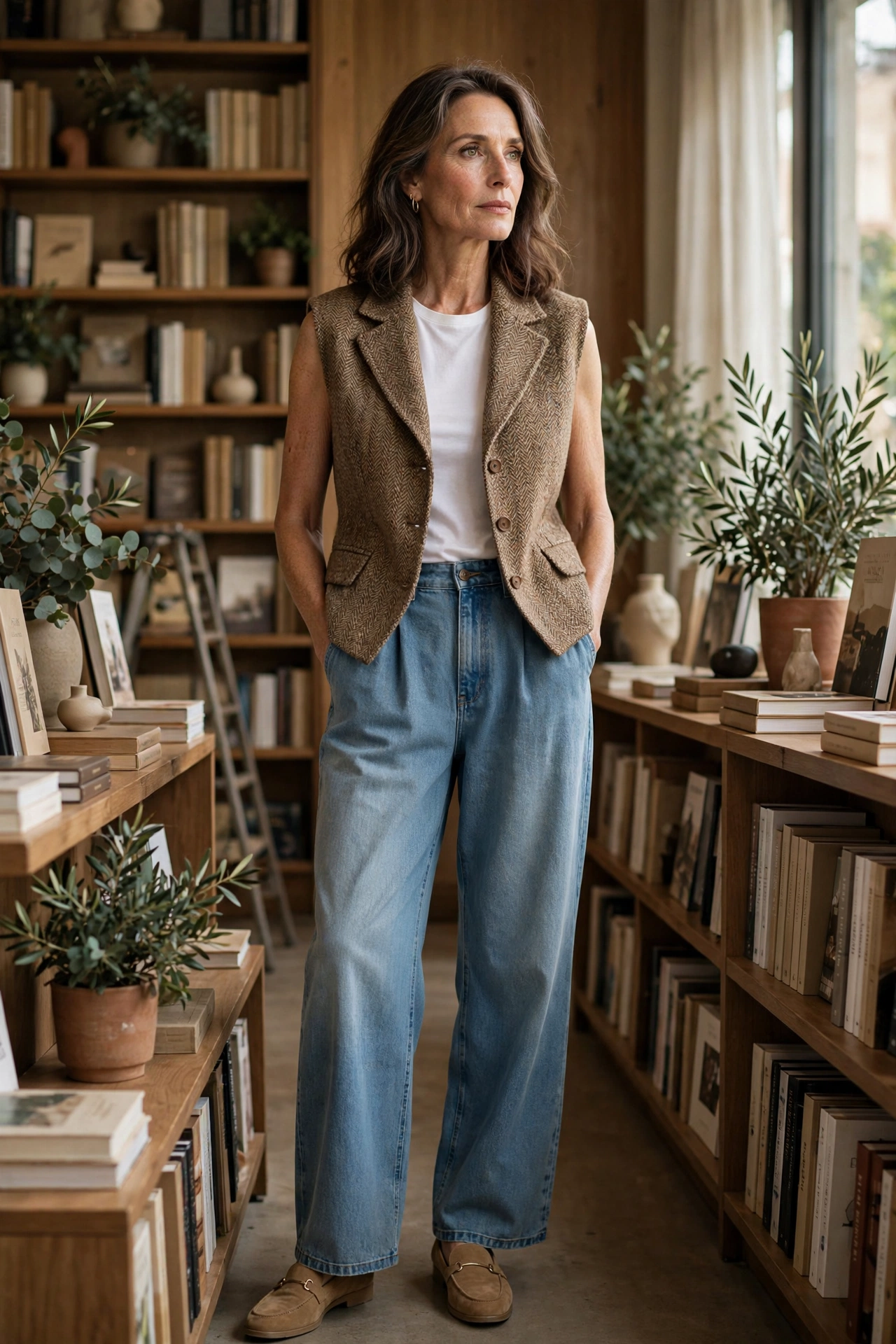 Woman over 50 wearing tweed vest with white tee and wide-leg jeans