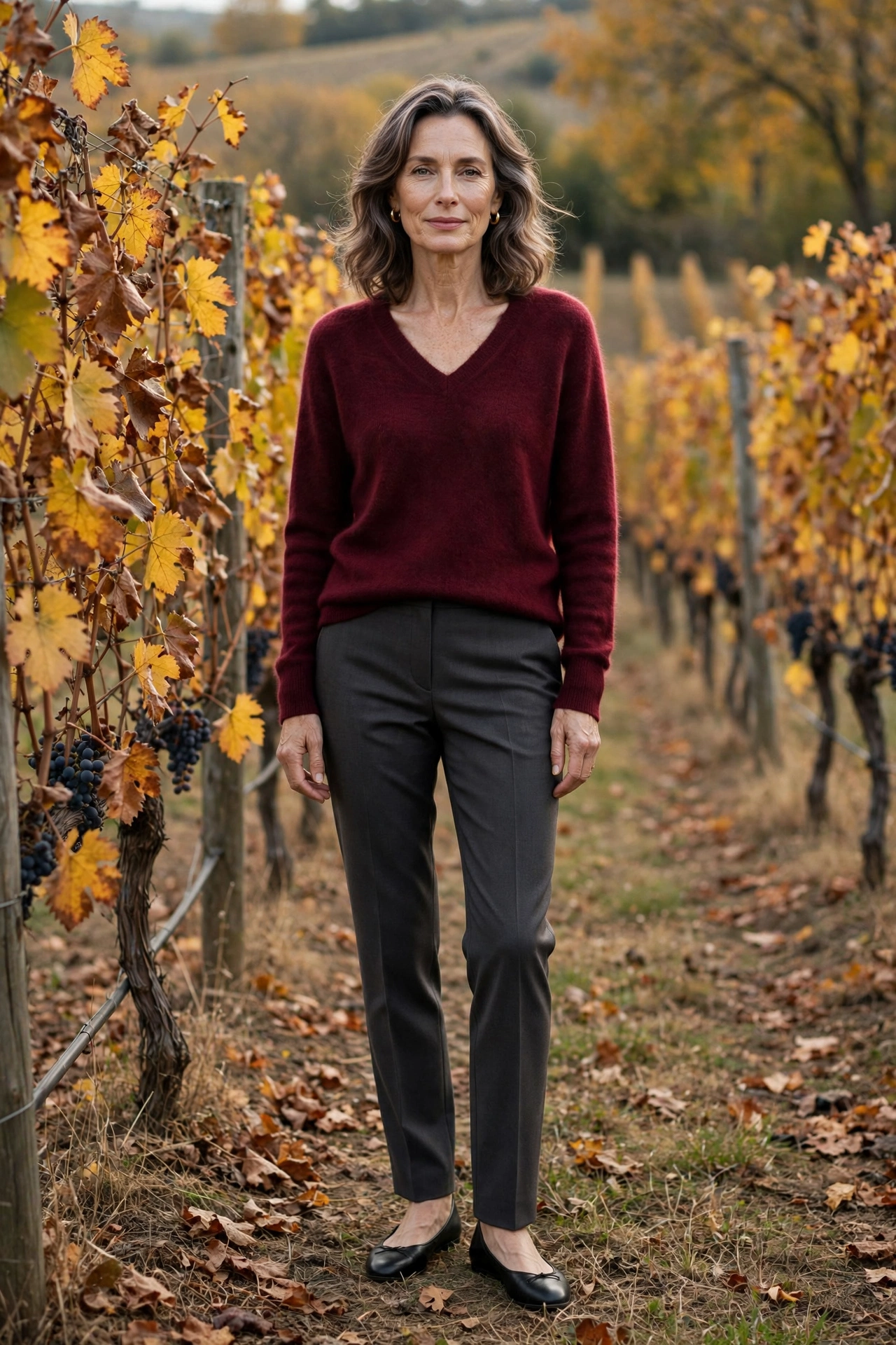 Woman over 50 wearing burgundy sweater with charcoal trousers and ballet flats
