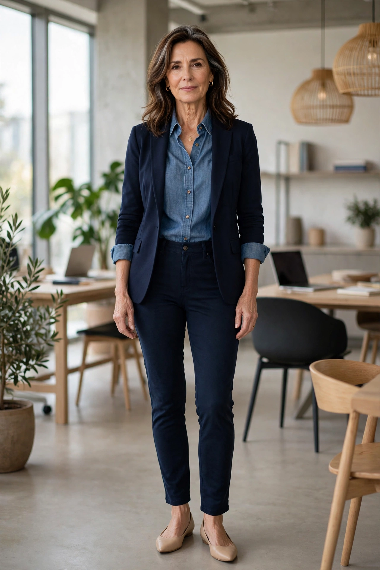 Woman over 50 in chambray shirt with navy ponte blazer and ankle pants