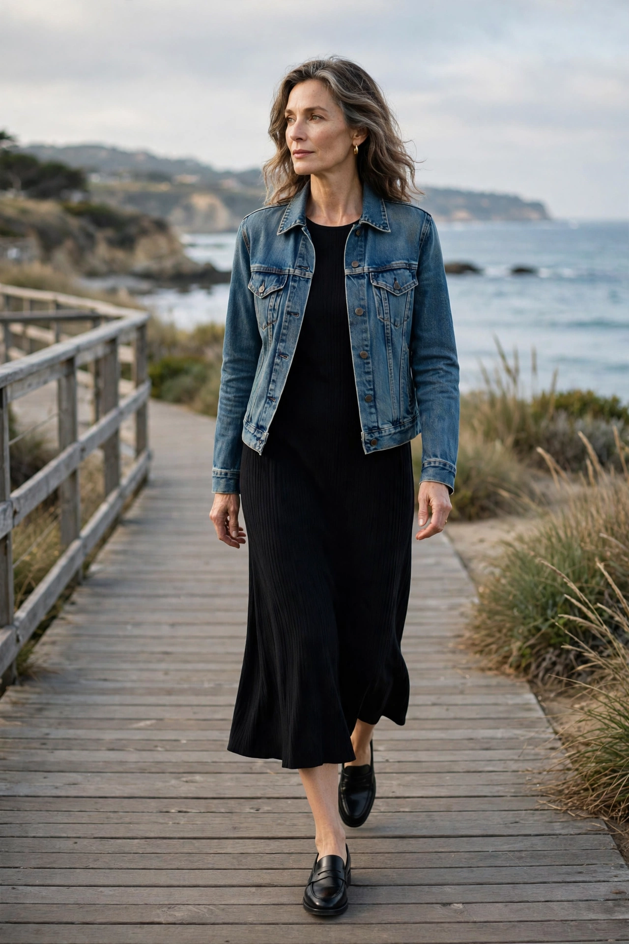 Woman over 50 in denim jacket over black midi dress with loafers