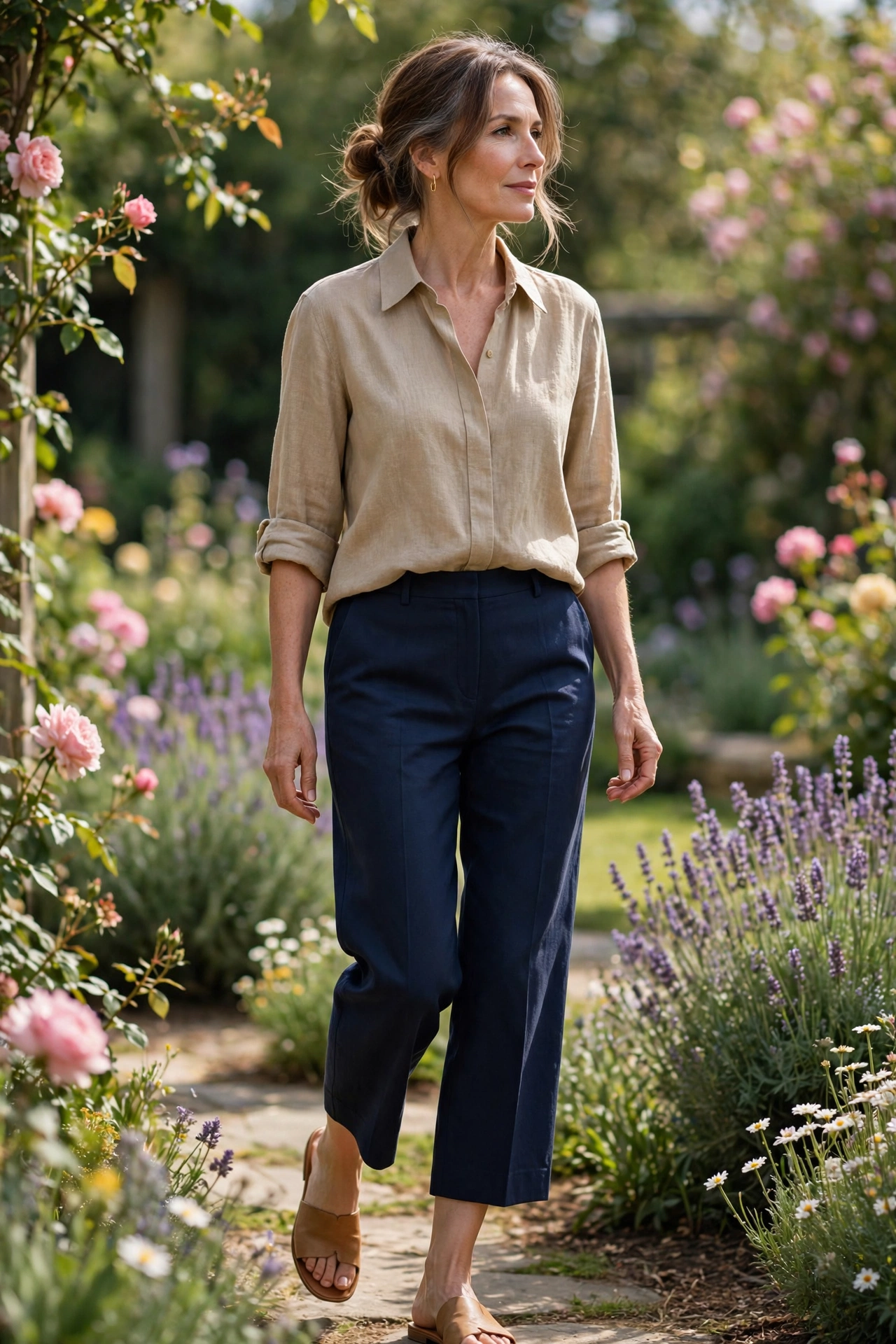 Woman over 50 wearing linen shirt with navy cropped wide trousers and slides