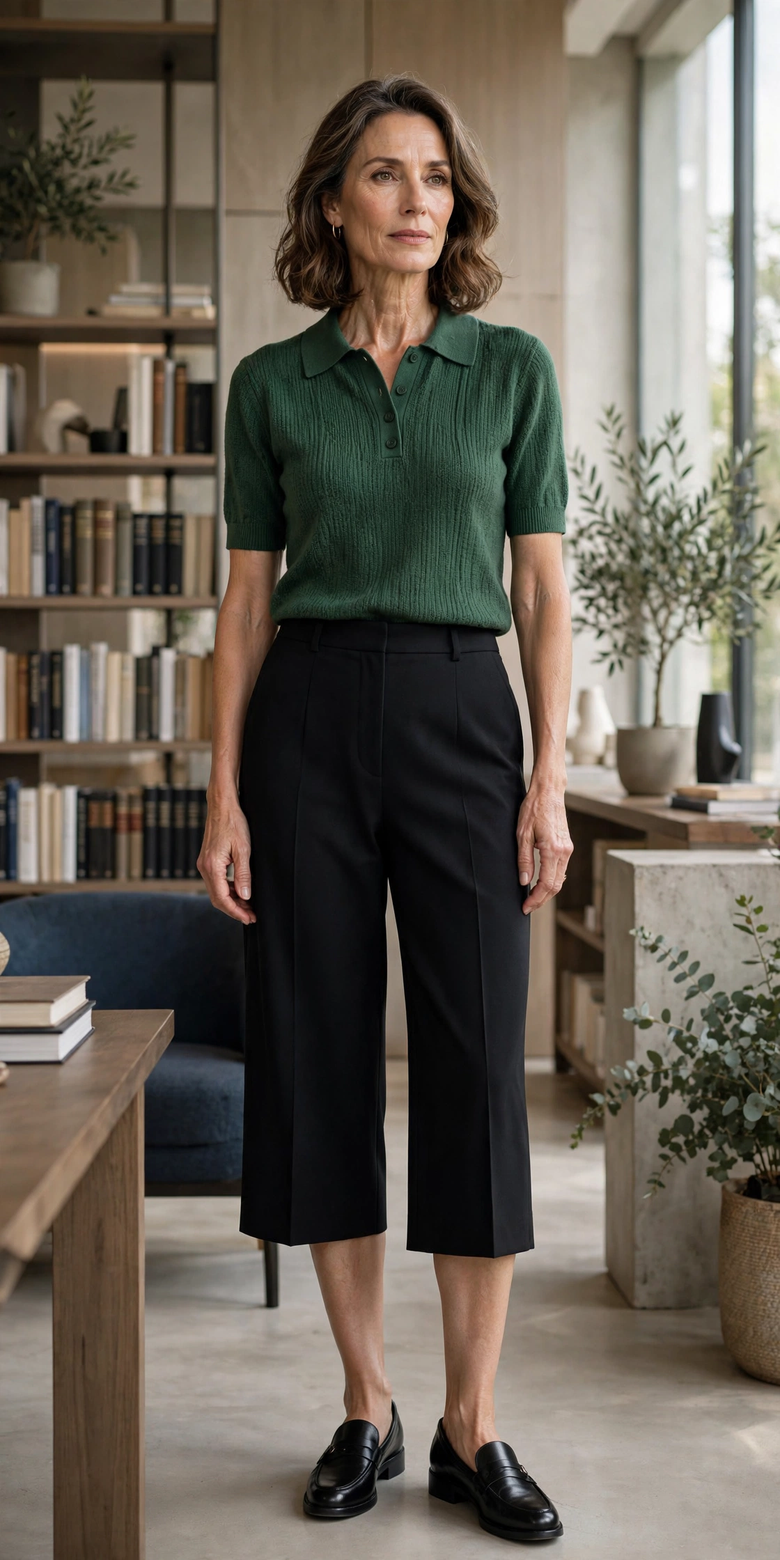 Woman over 50 in knit polo shirt with black tailored culottes and loafers