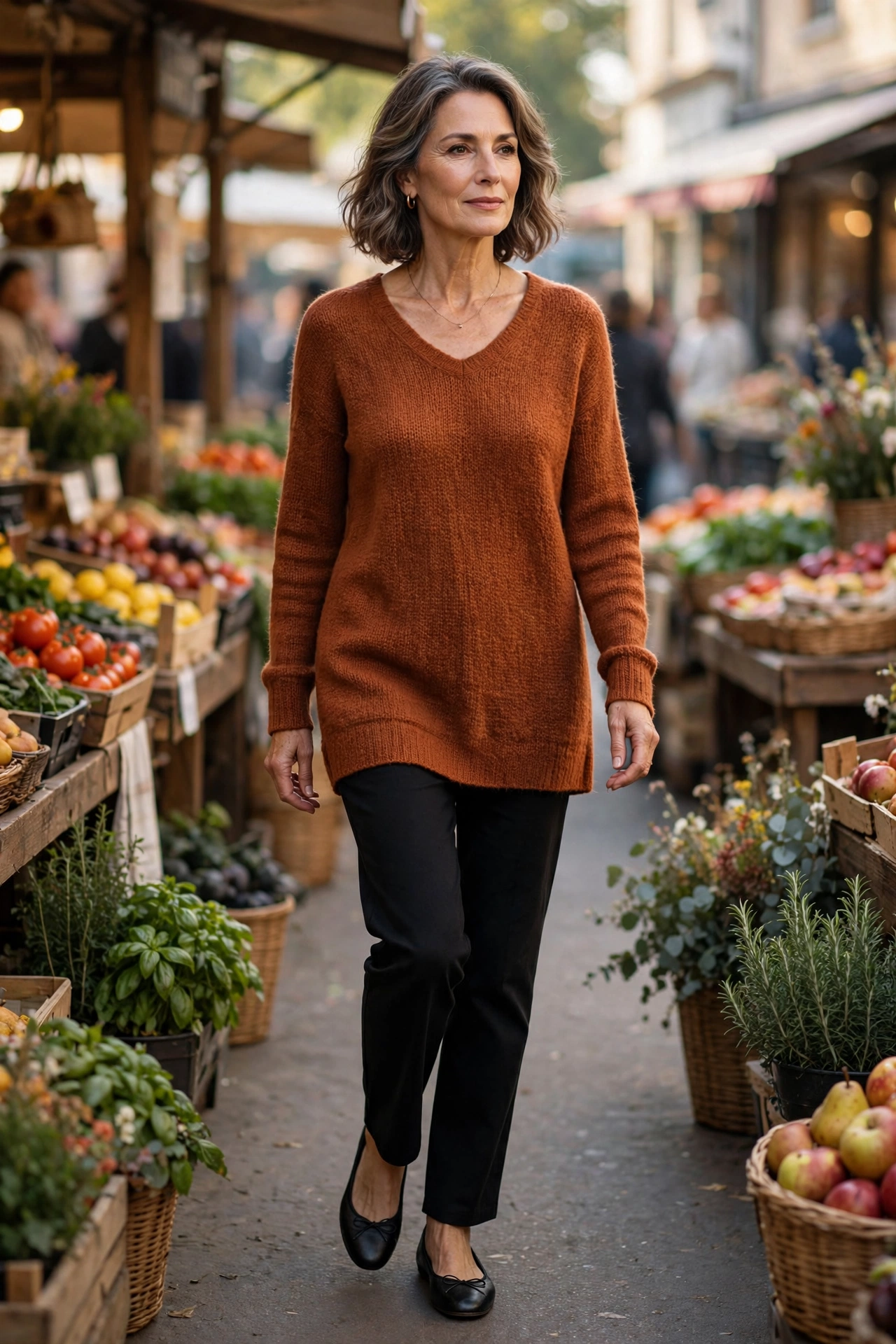 Woman over 50 wearing rust knit tunic with black trousers and ballet flats