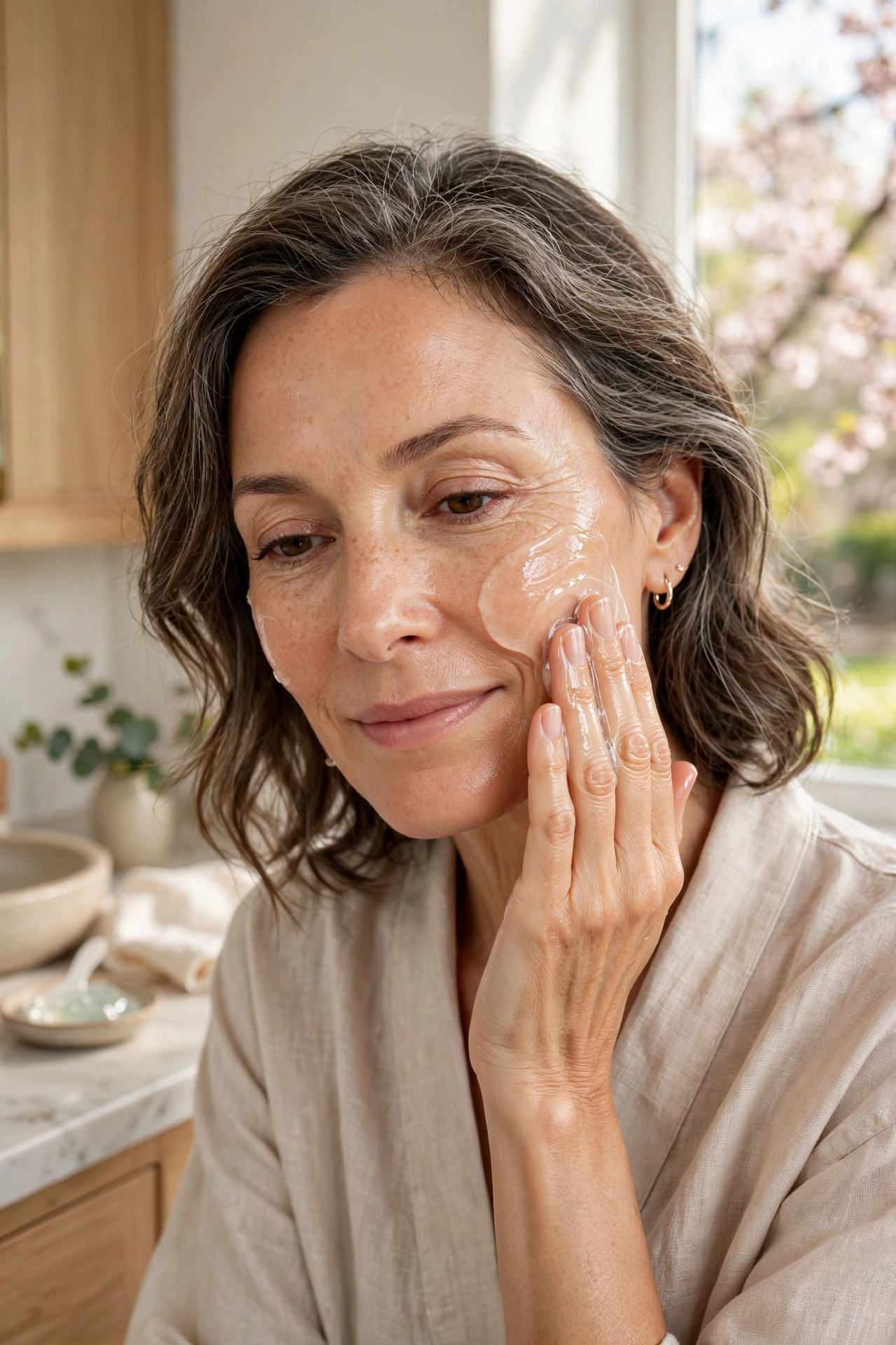 Woman in her 50s massaging lightweight gel cleanser onto her face in spring morning light
