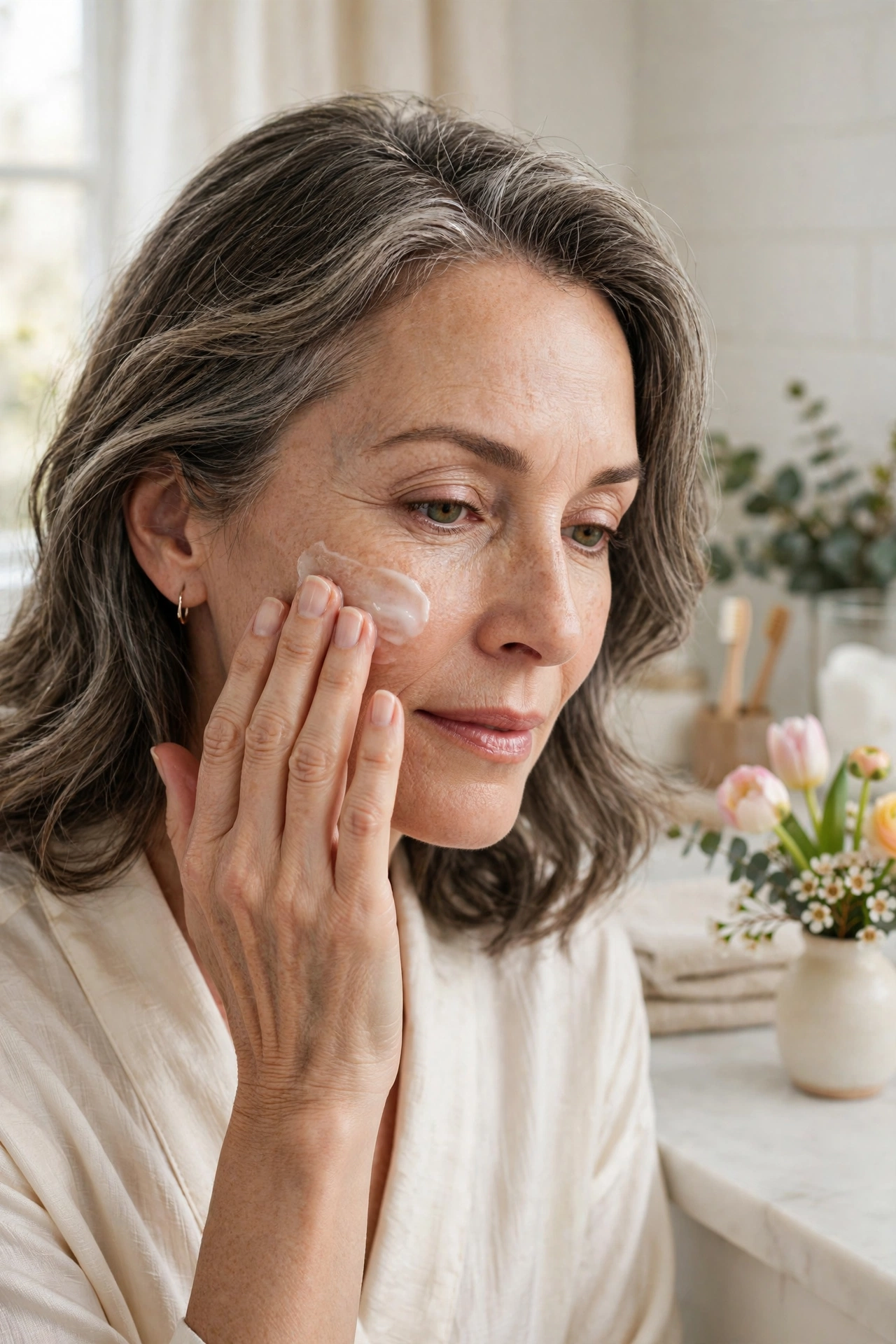 Woman over 50 gently applying exfoliating treatment to her cheek for spring skin renewal