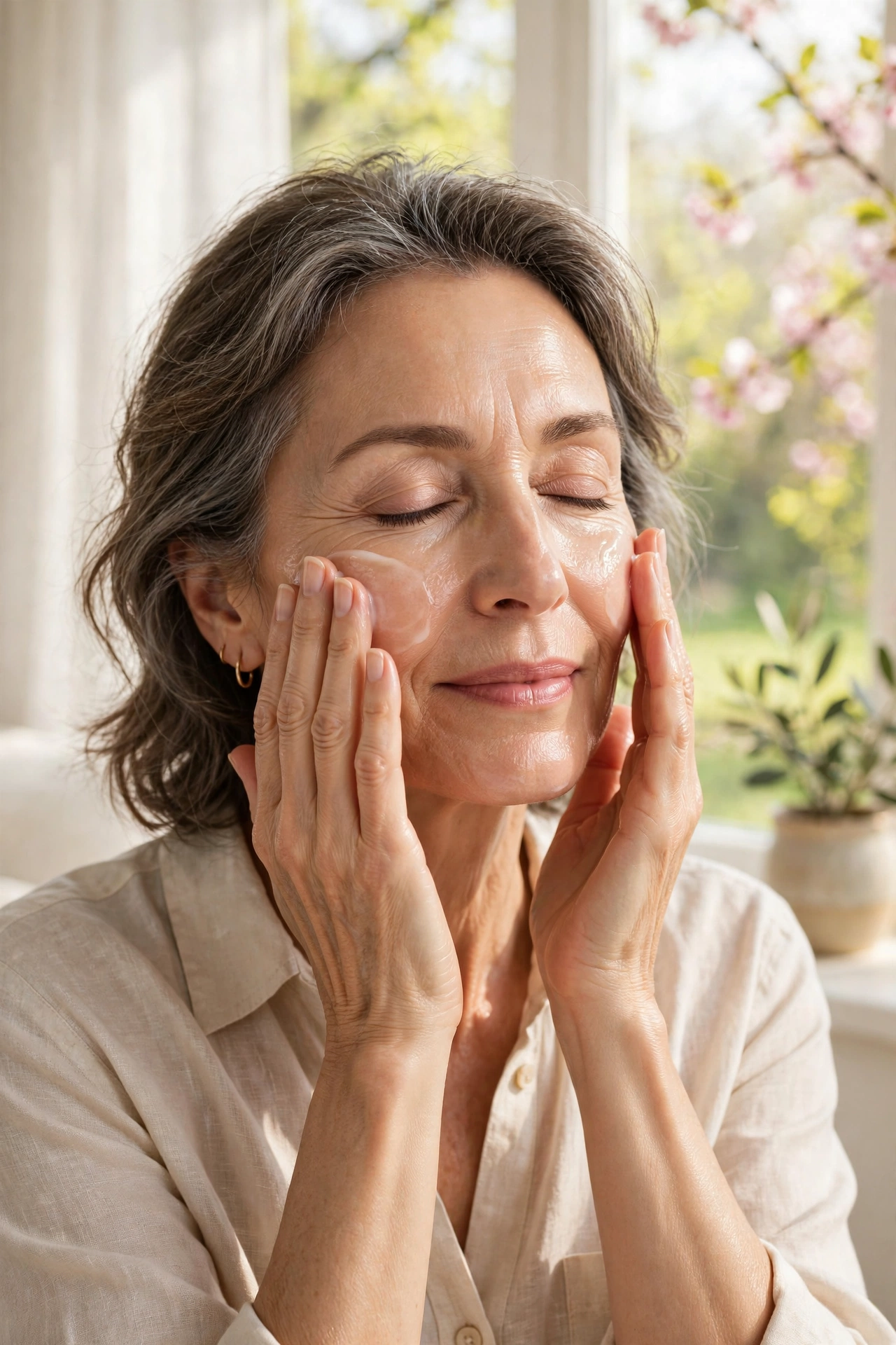 Woman over 50 smoothing lightweight gel moisturizer onto her face