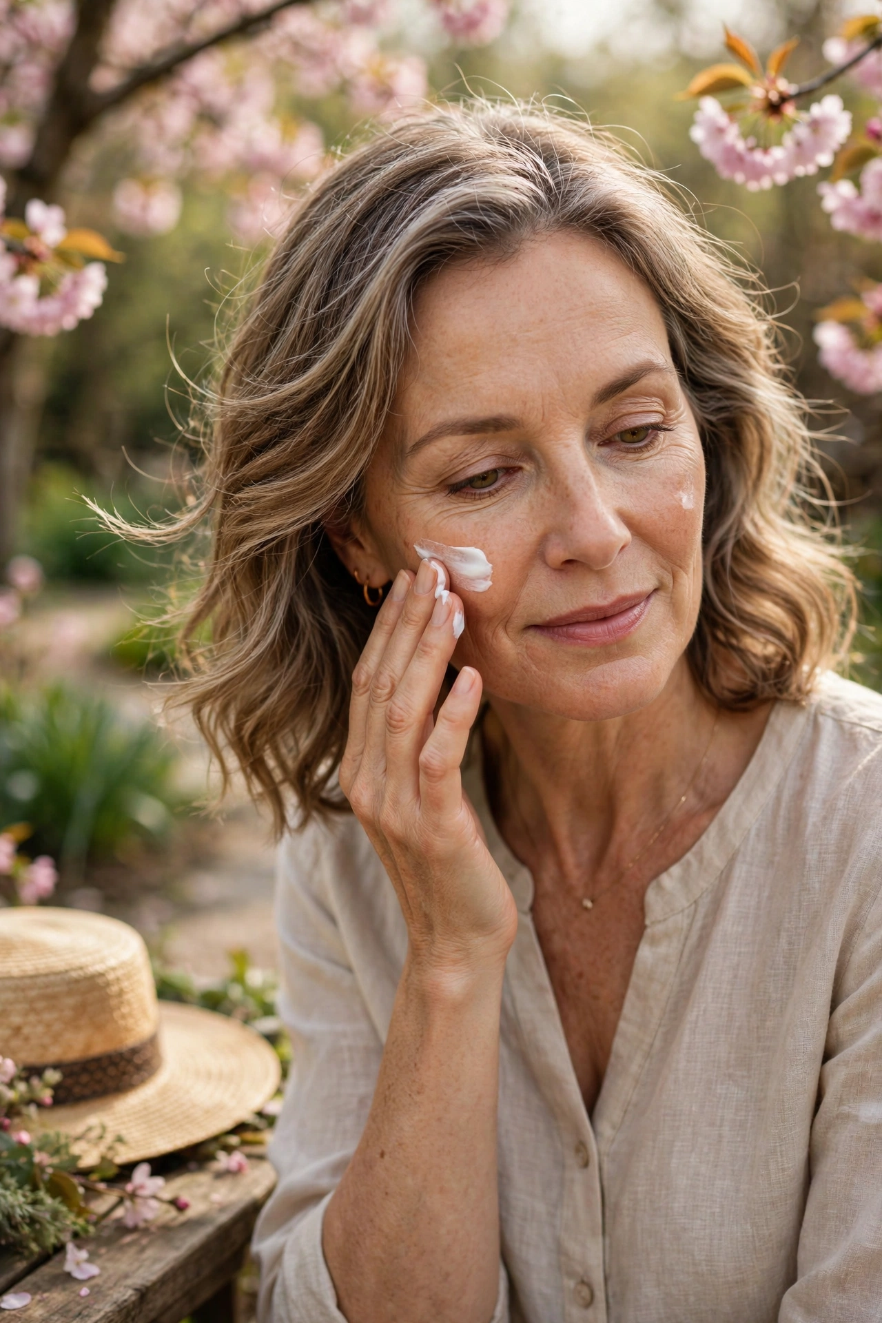 Woman over 50 applying lightweight sunscreen outdoors in a spring garden