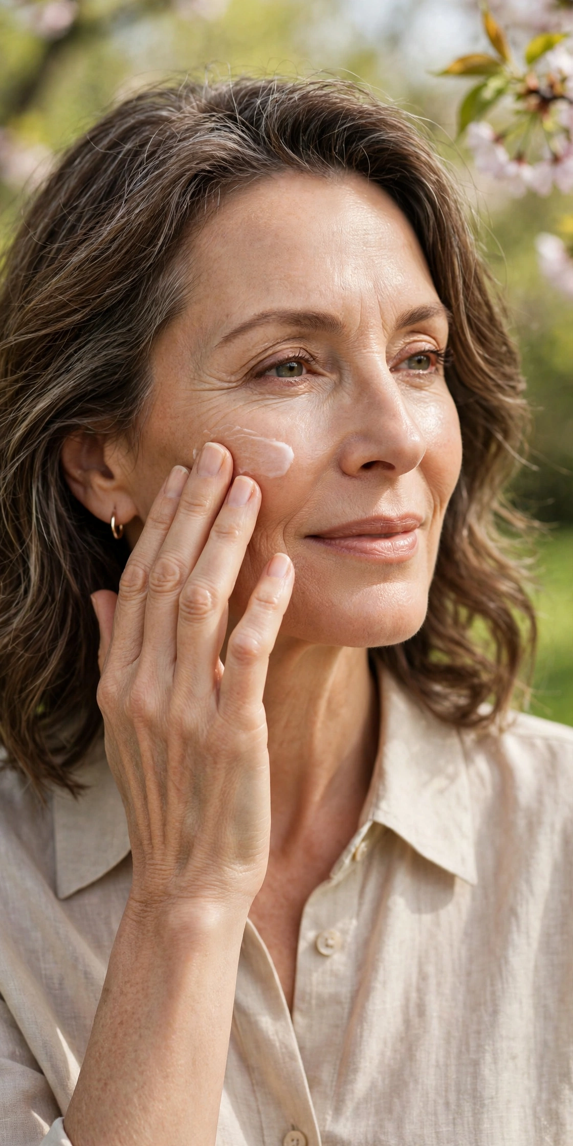 Woman in her 50s blending tinted moisturizer onto her cheek for a natural look