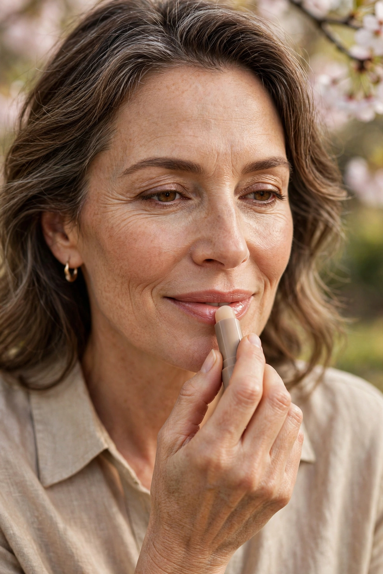 Close-up of a woman over 50 applying nourishing lip balm with spring blossoms behind