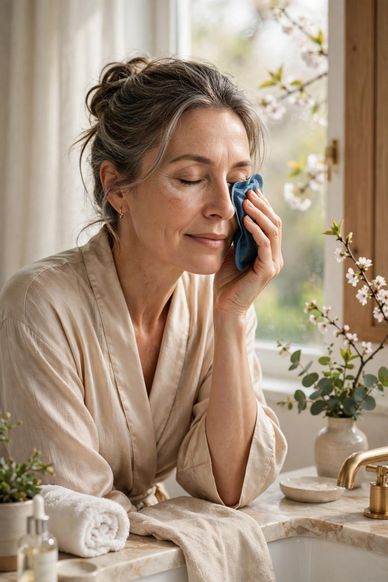 Woman over 50 pressing a cool compress under her eyes on a spring morning