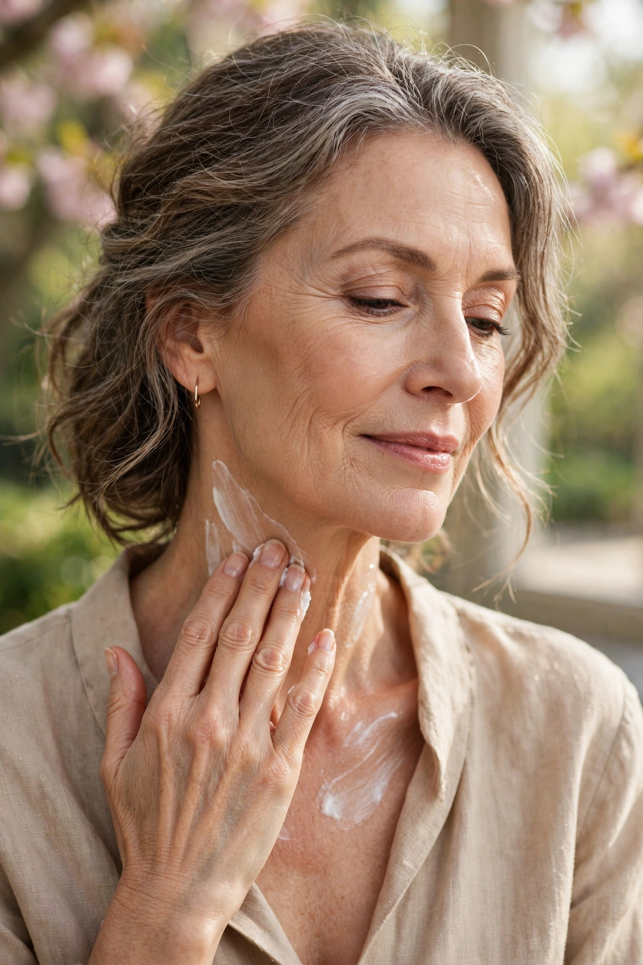 Woman in her 50s smoothing skincare down her neck and decolletage