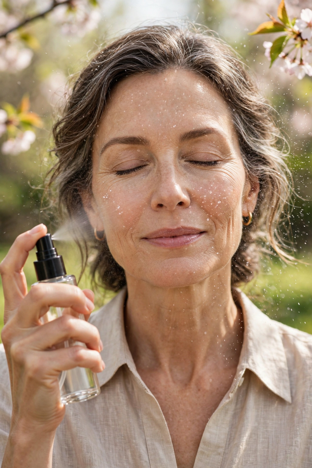 Woman over 50 misting her face with hydrating facial spray, eyes closed