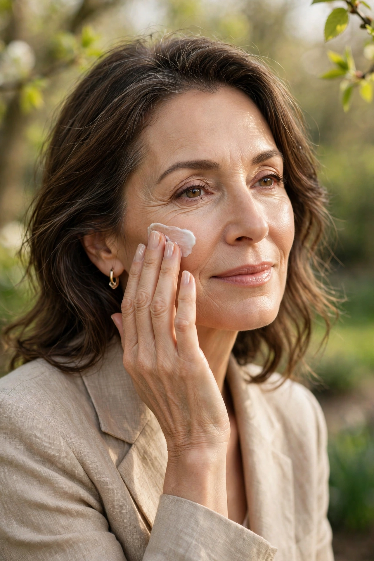 Woman in her 50s gently patting calming skincare onto her cheek