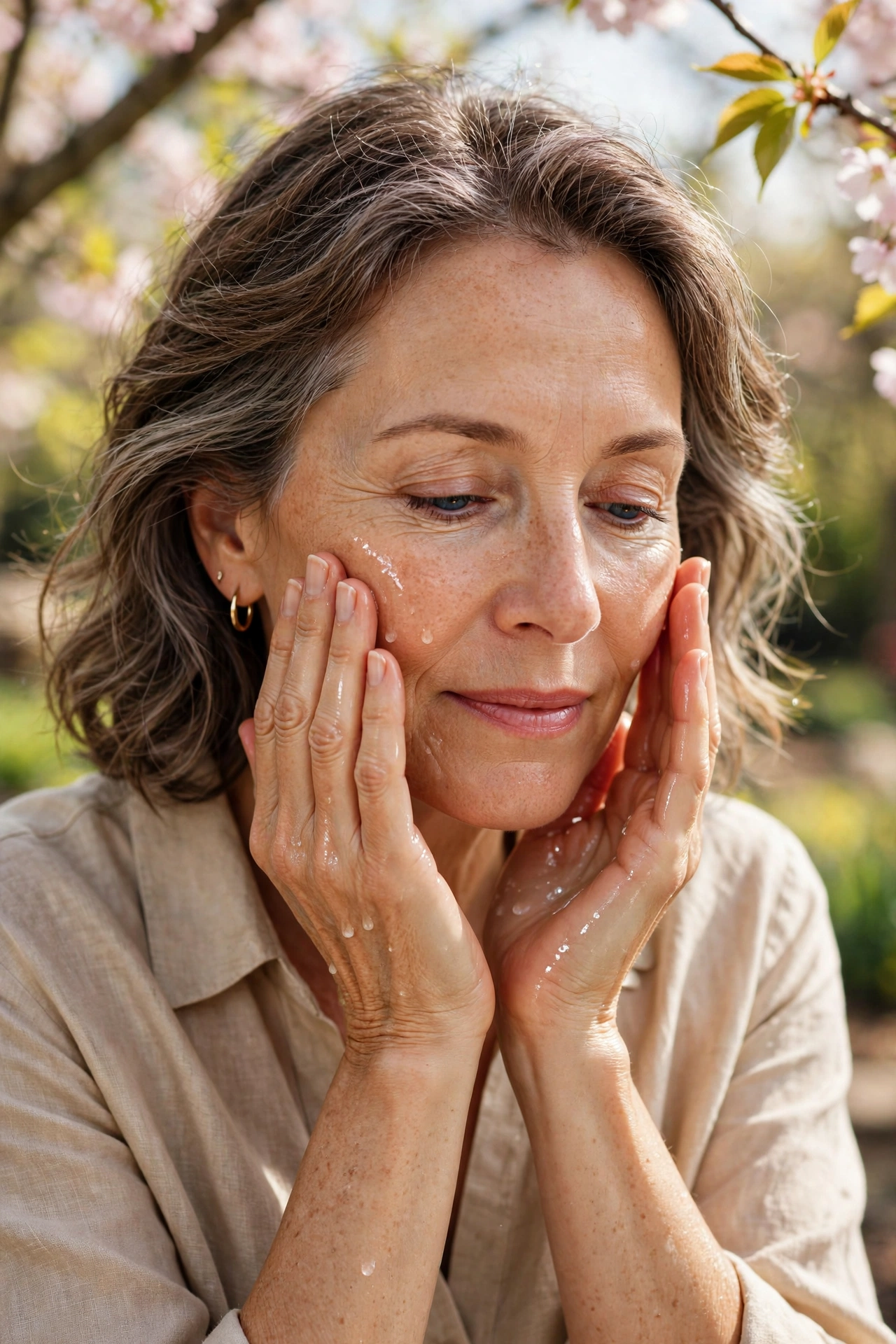 Woman over 50 pressing hydrating essence into her skin with cupped hands