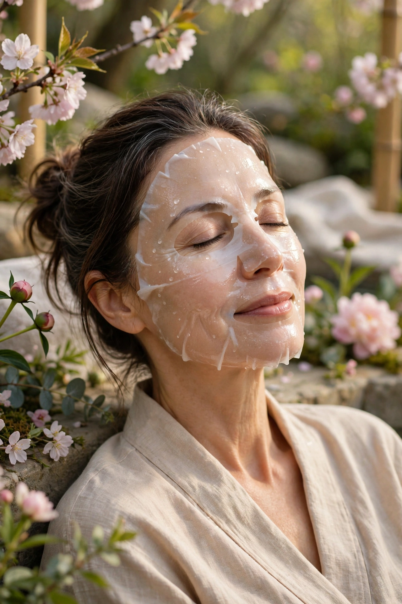 Woman in her 50s relaxing with a hydrating sheet mask in a spring setting