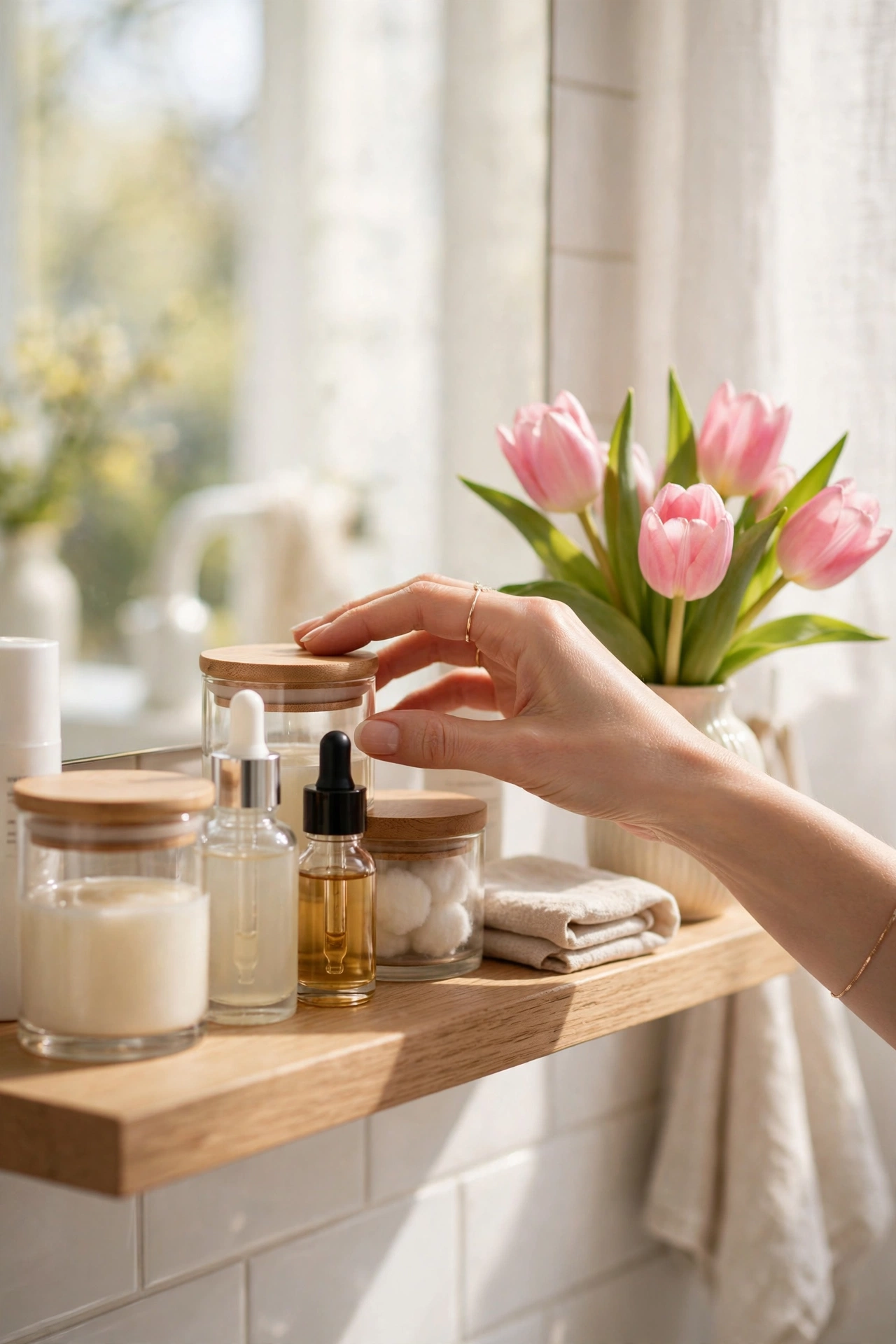 Tidy spring bathroom shelf with simple skincare jars and fresh tulips