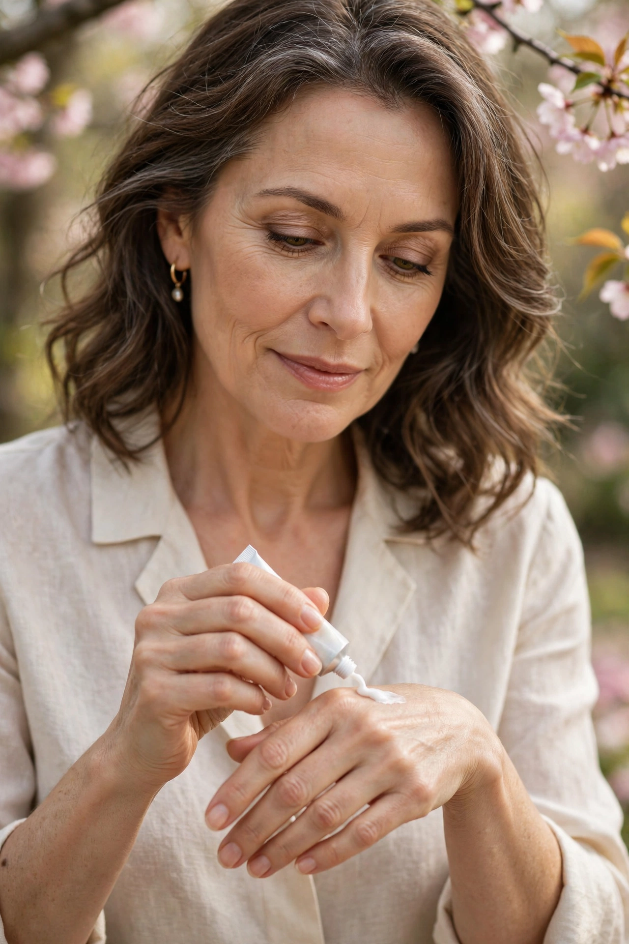 Woman over 50 applying hand cream to her hands with spring blossoms behind