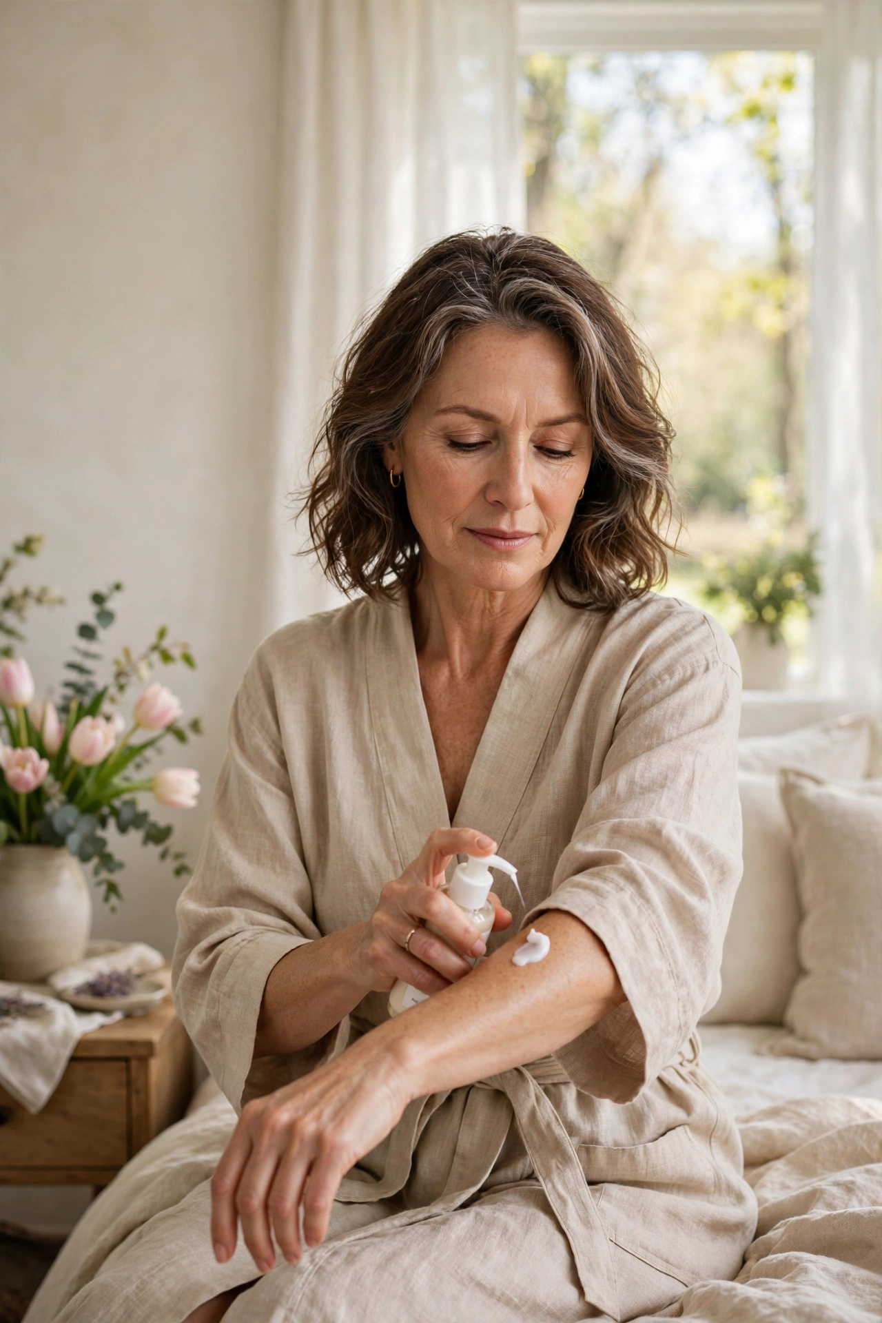 Woman in her 50s applying lightweight body lotion to her arm
