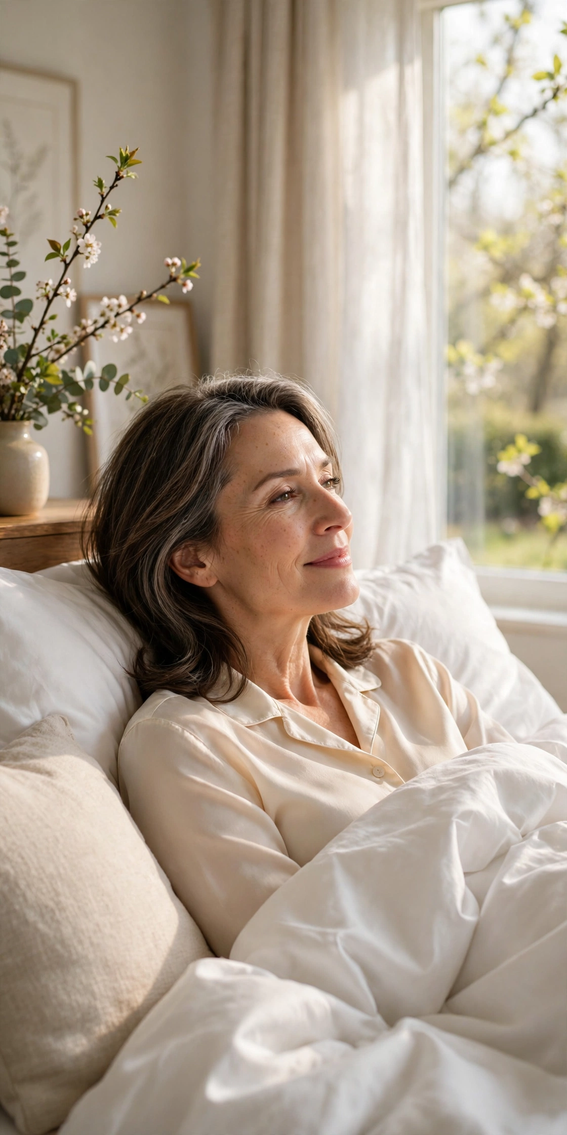 Woman in her 50s waking up in a bright spring bedroom with fresh bedding