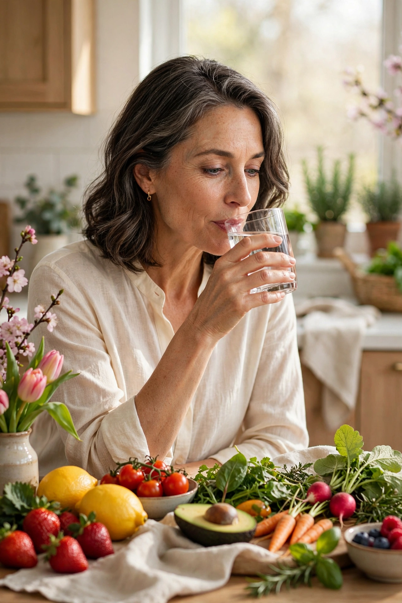 Woman over 50 drinking water at a table with fresh spring fruits and vegetables