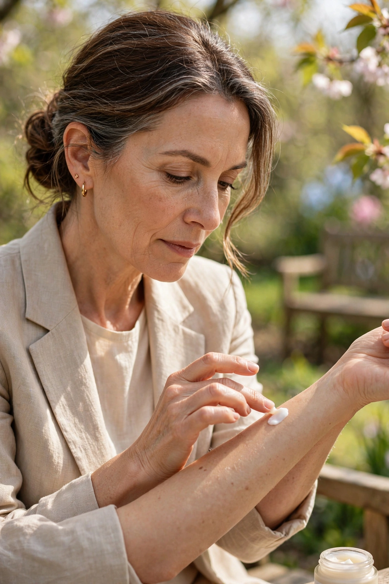 Woman in her 50s dabbing new skincare on her inner forearm for a patch test
