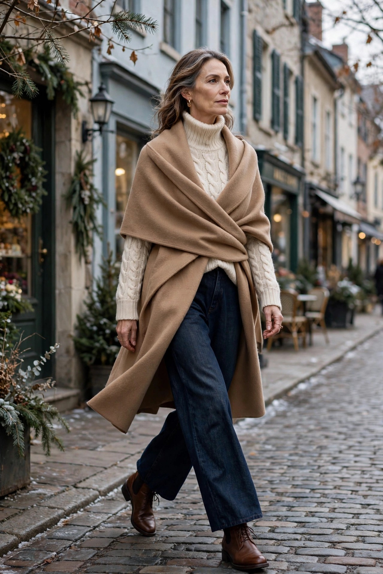 Woman in her 50s in a cream cable-knit turtleneck and camel wrap coat on a winter street