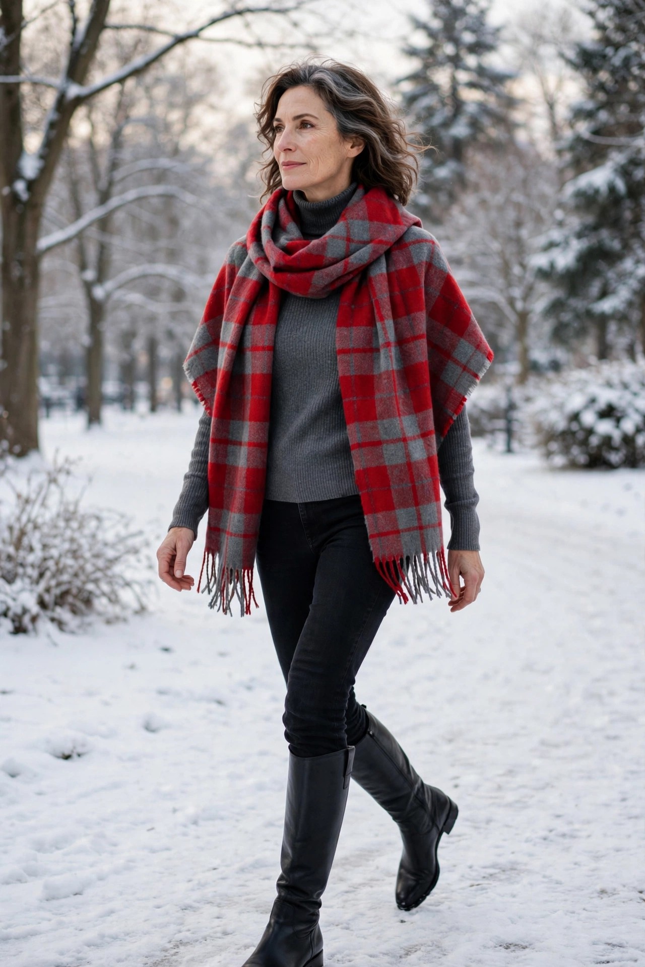 Woman in her 50s in a charcoal turtleneck with a red plaid blanket scarf in a snowy park