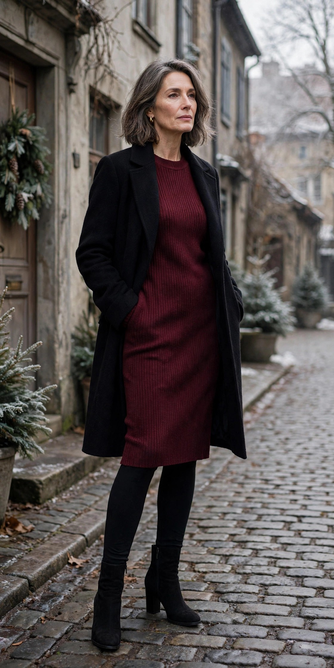 Woman in her 50s in a burgundy sweater dress with black tights and ankle boots