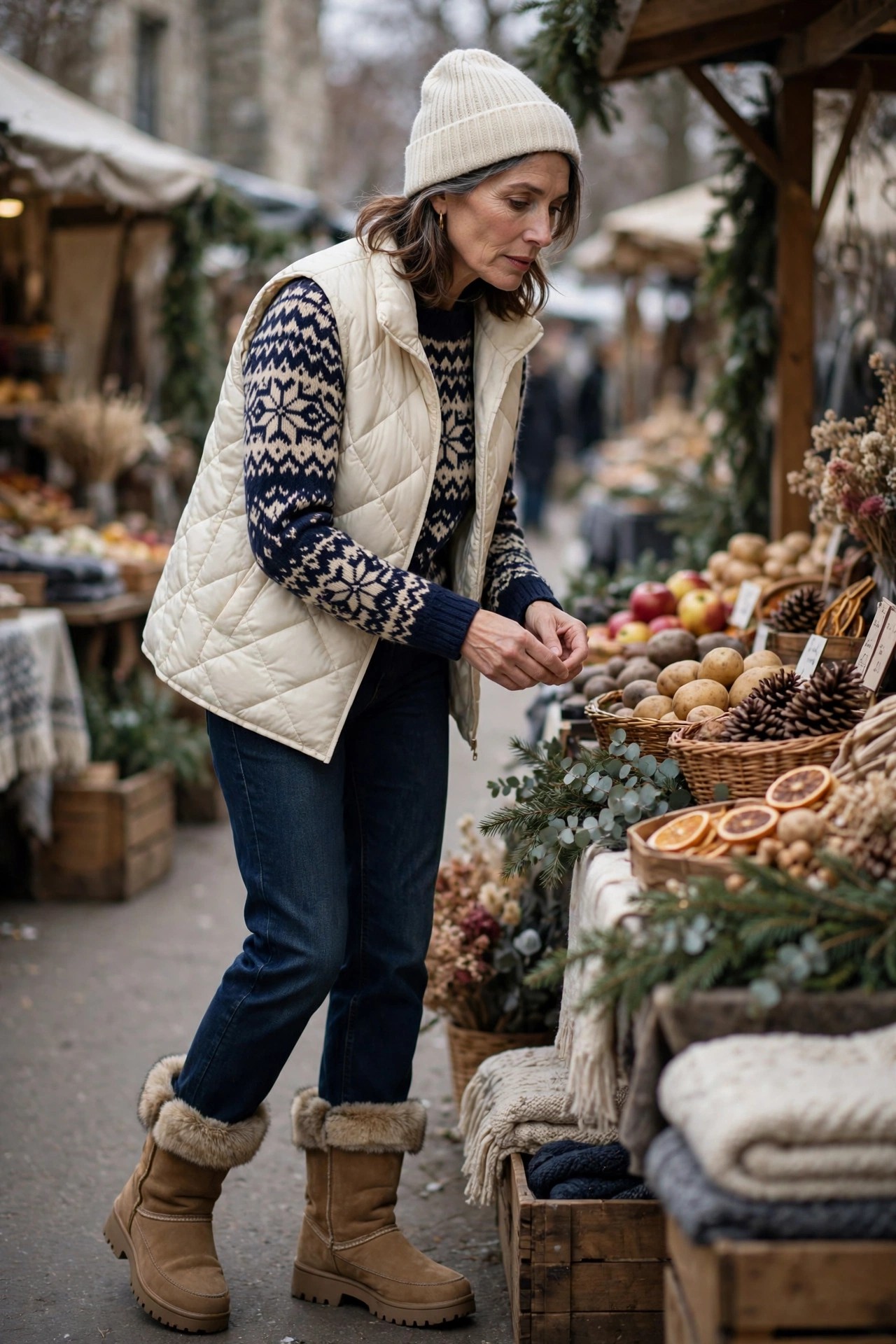Woman in her 50s in a Fair Isle sweater and cream puffer vest at a winter market