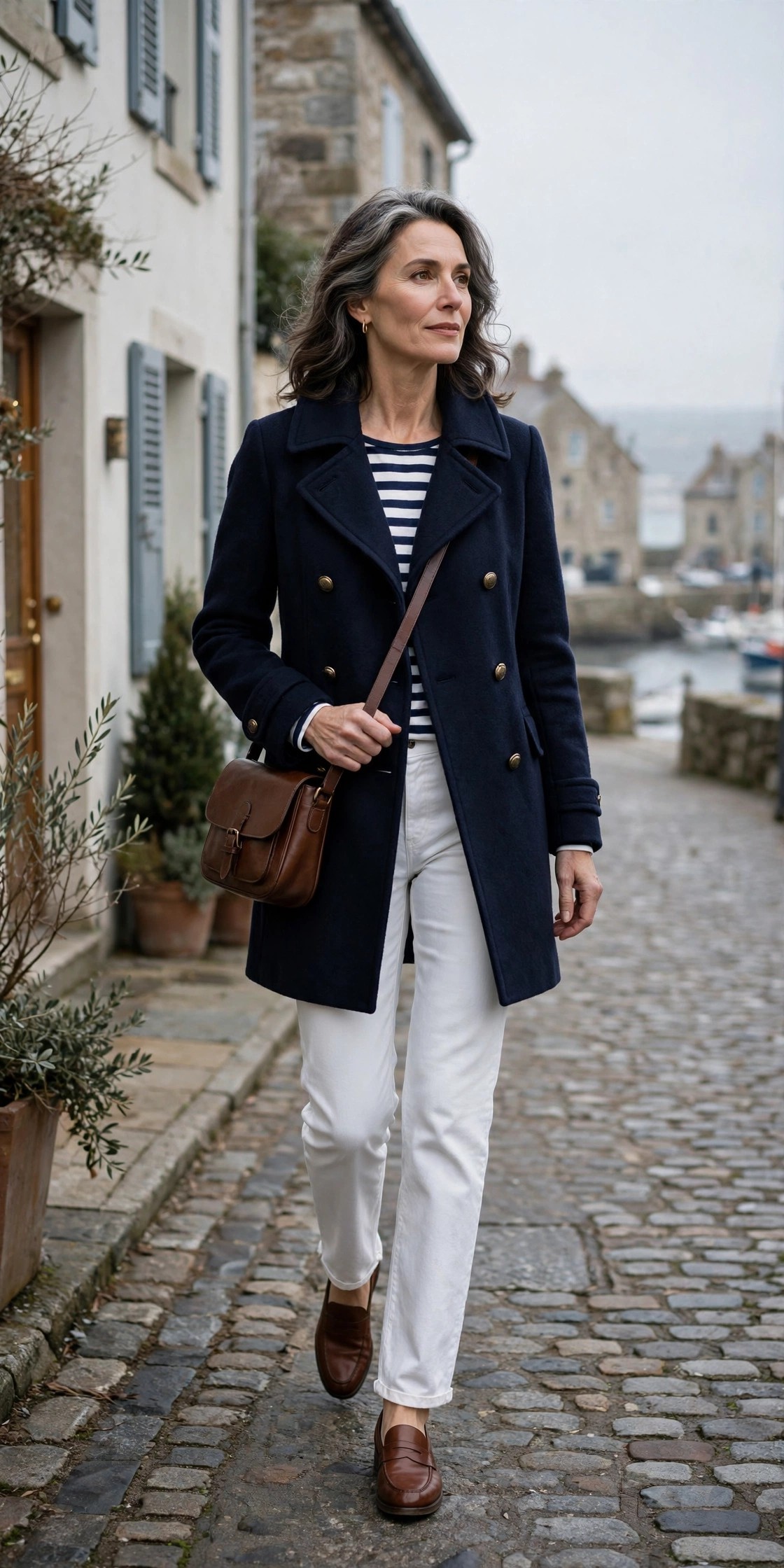 Woman in her 50s in a navy peacoat, Breton stripe top and white jeans