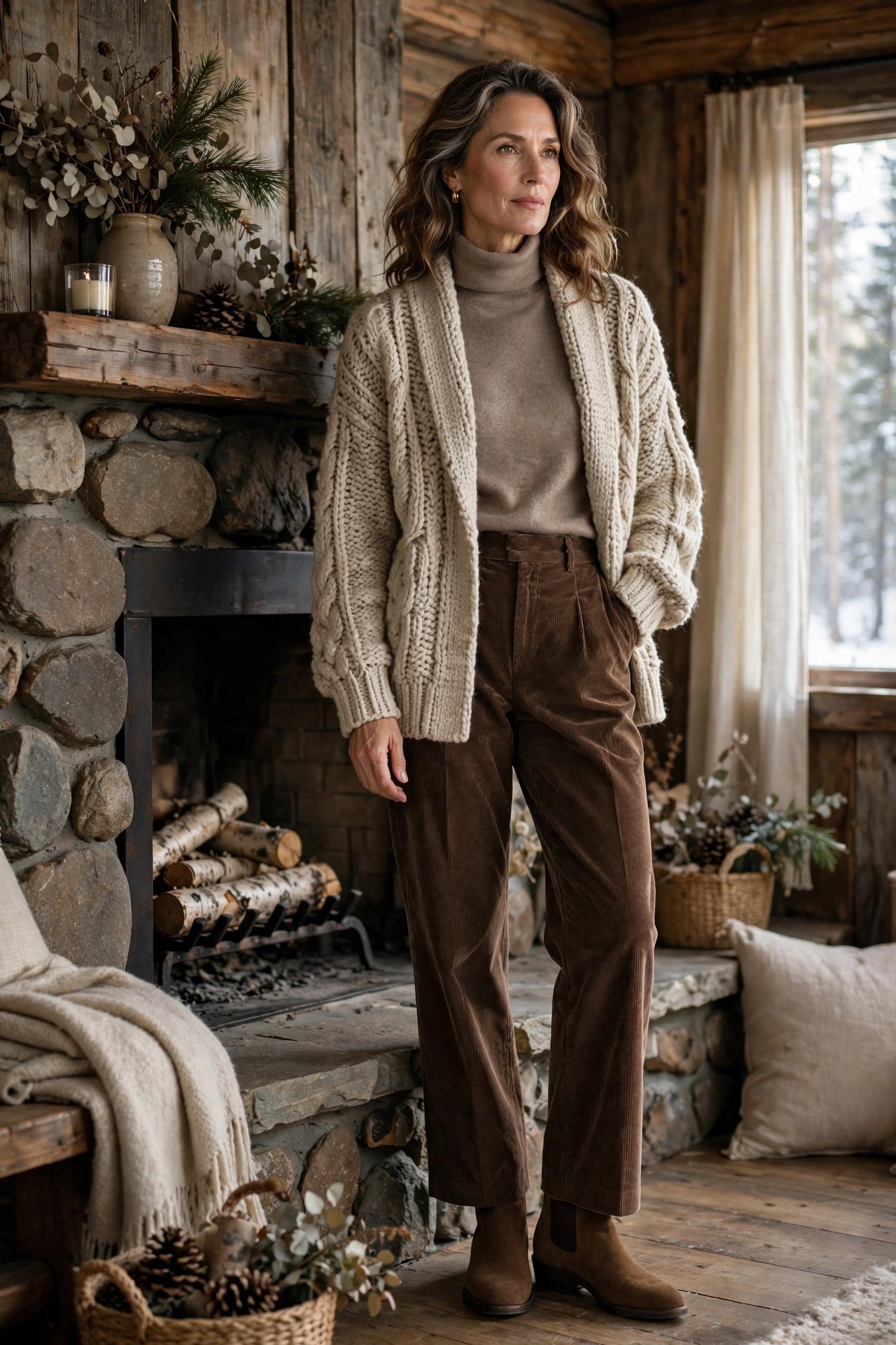 Woman in her 50s in an oatmeal cardigan and chocolate corduroy trousers by a fireplace