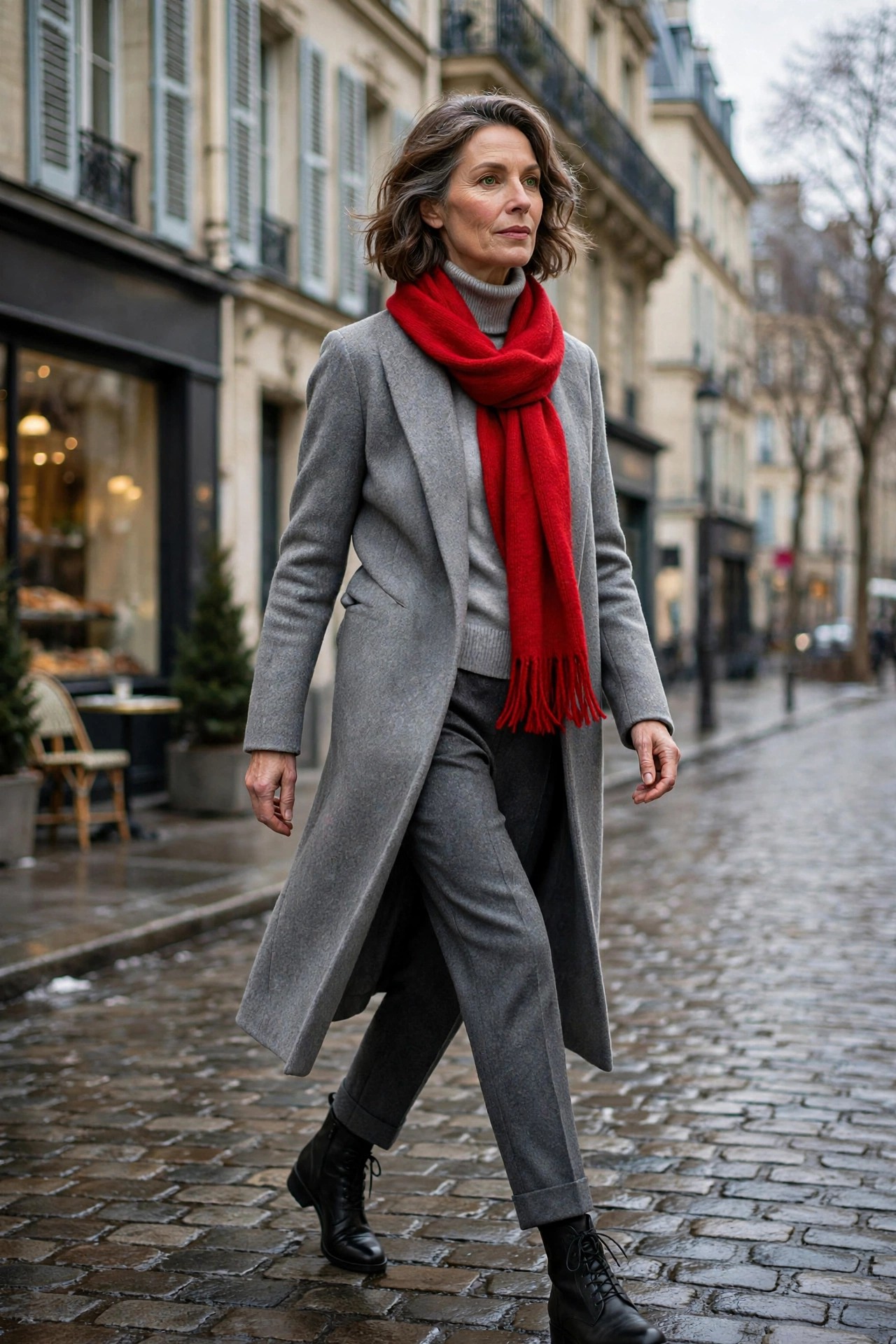 Woman in her 50s in all-grey winter layers with a bright red scarf