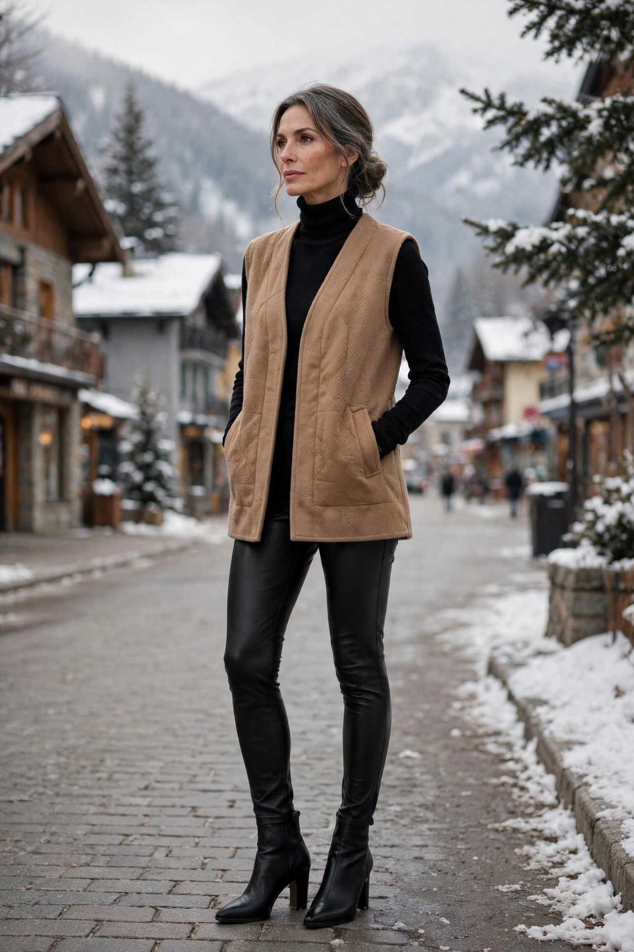 Woman in her 50s in a black turtleneck and camel sleeveless vest