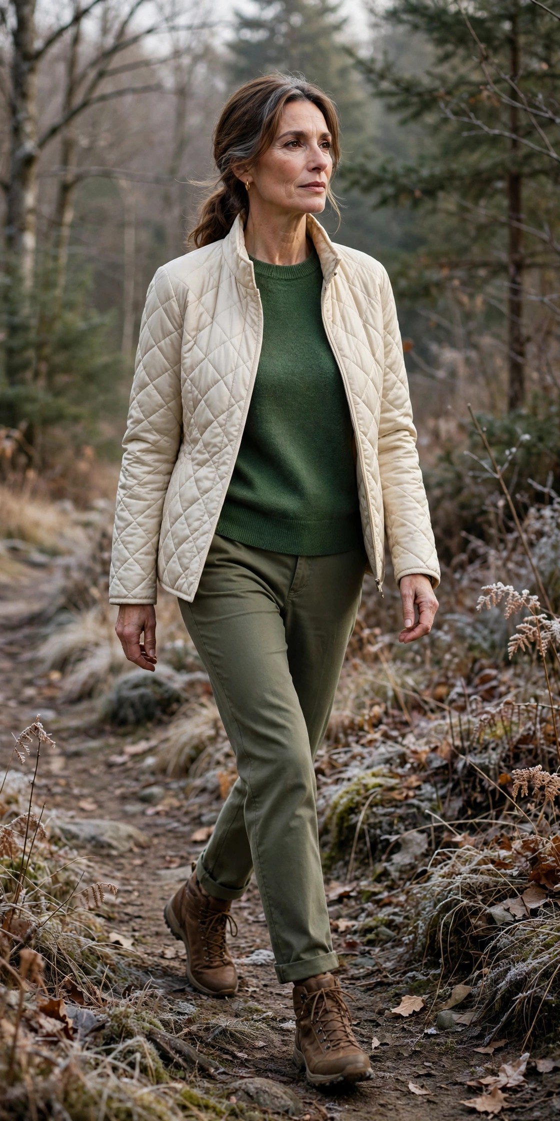 Woman in her 50s in a forest green sweater and cream quilted jacket on a trail