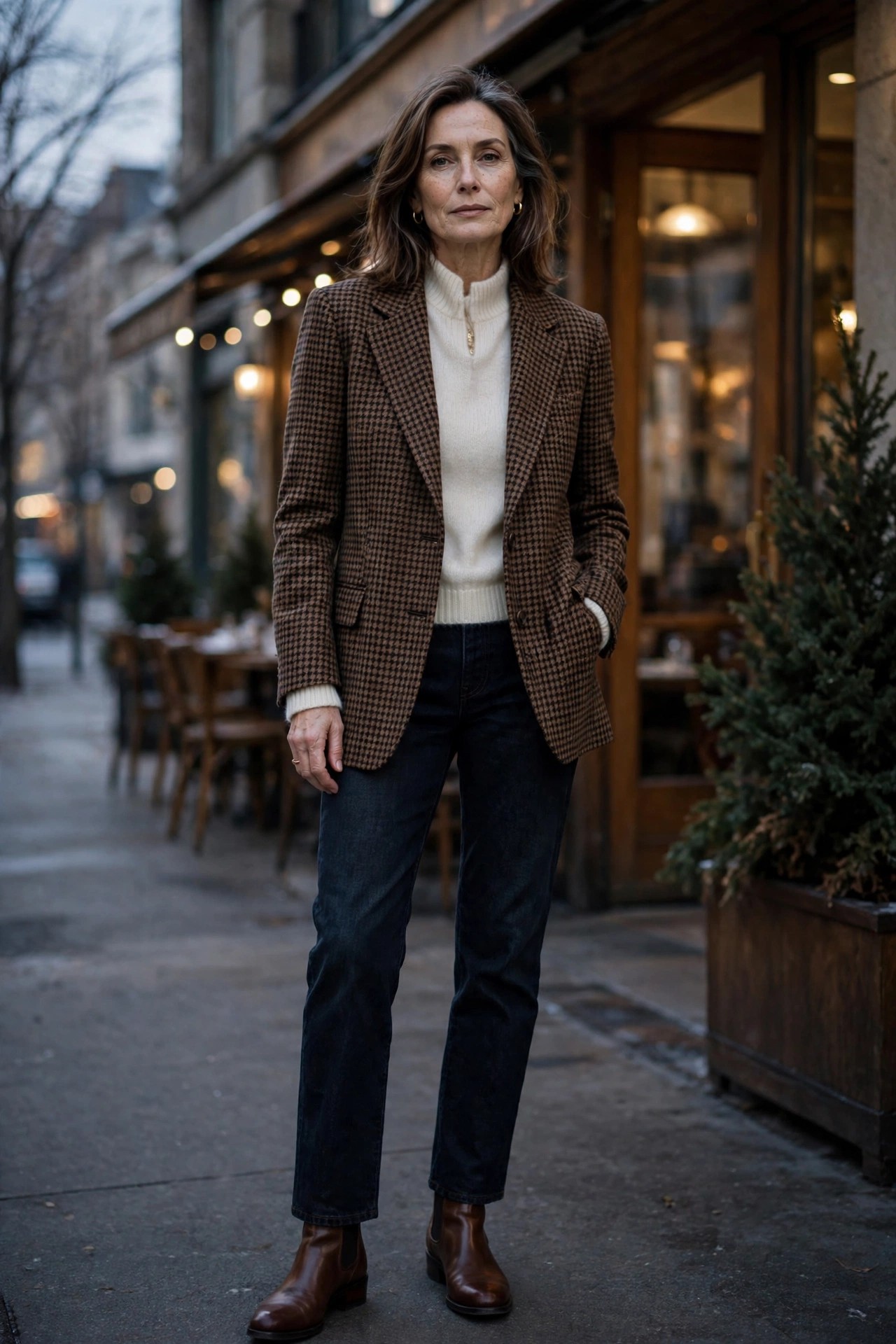 Woman in her 50s in a houndstooth blazer and ivory knit sweater